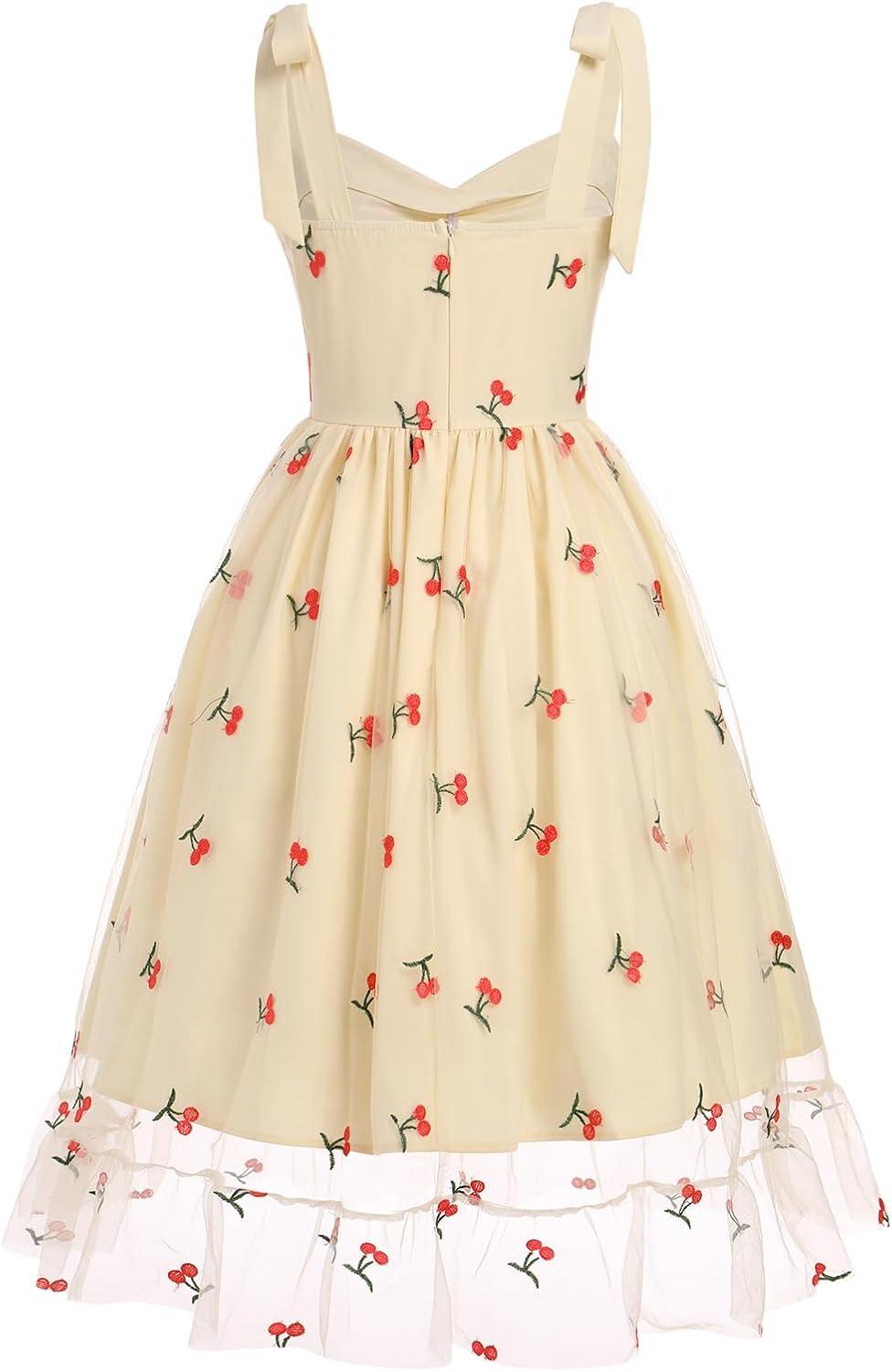 imageIDOPIP Women 1950s Vintage StrawberryCherrySequin Star Print Cocktail Mesh Dress Self Tie Straps Retro Wedding Guest DressApricotcherry Print