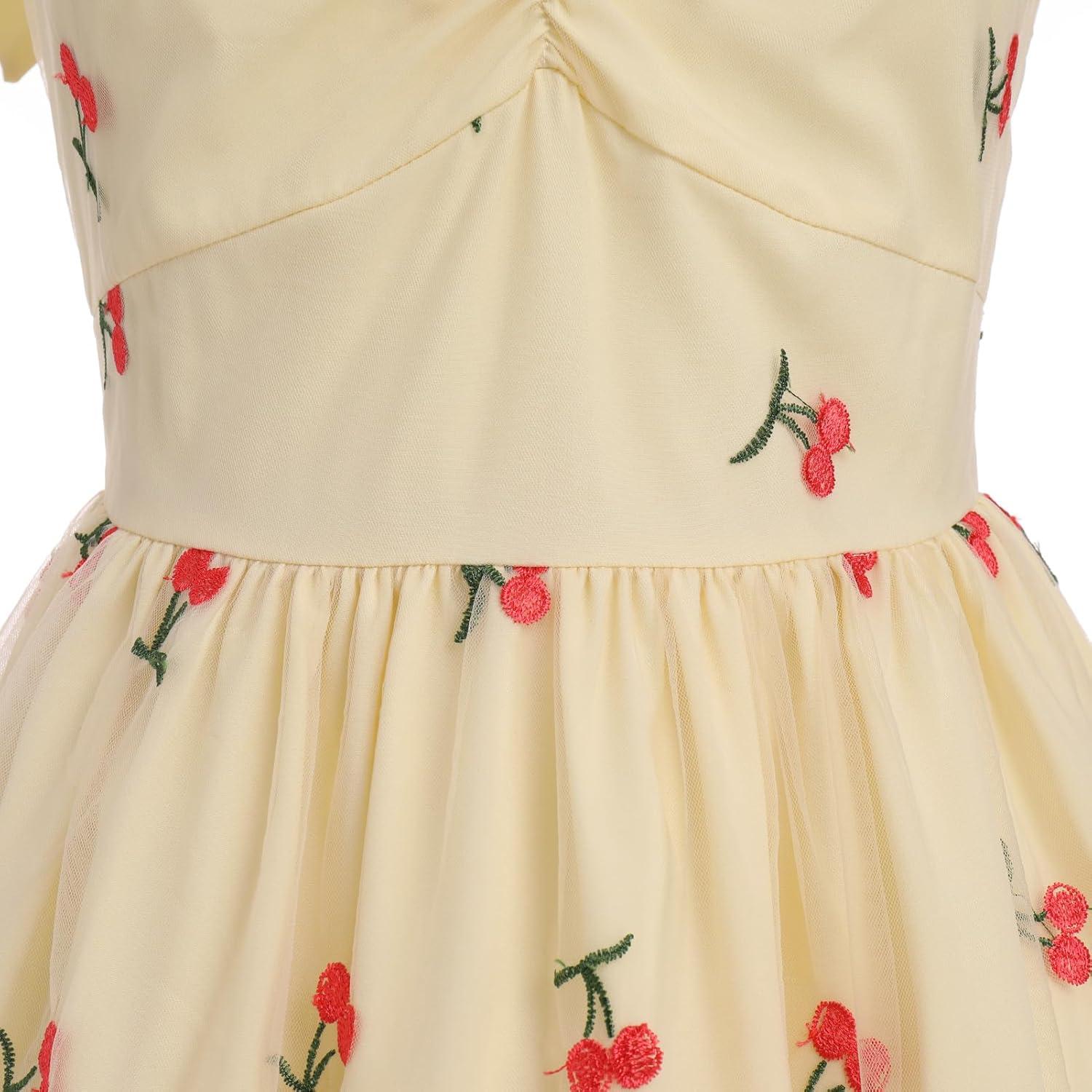 imageIDOPIP Women 1950s Vintage StrawberryCherrySequin Star Print Cocktail Mesh Dress Self Tie Straps Retro Wedding Guest DressApricotcherry Print