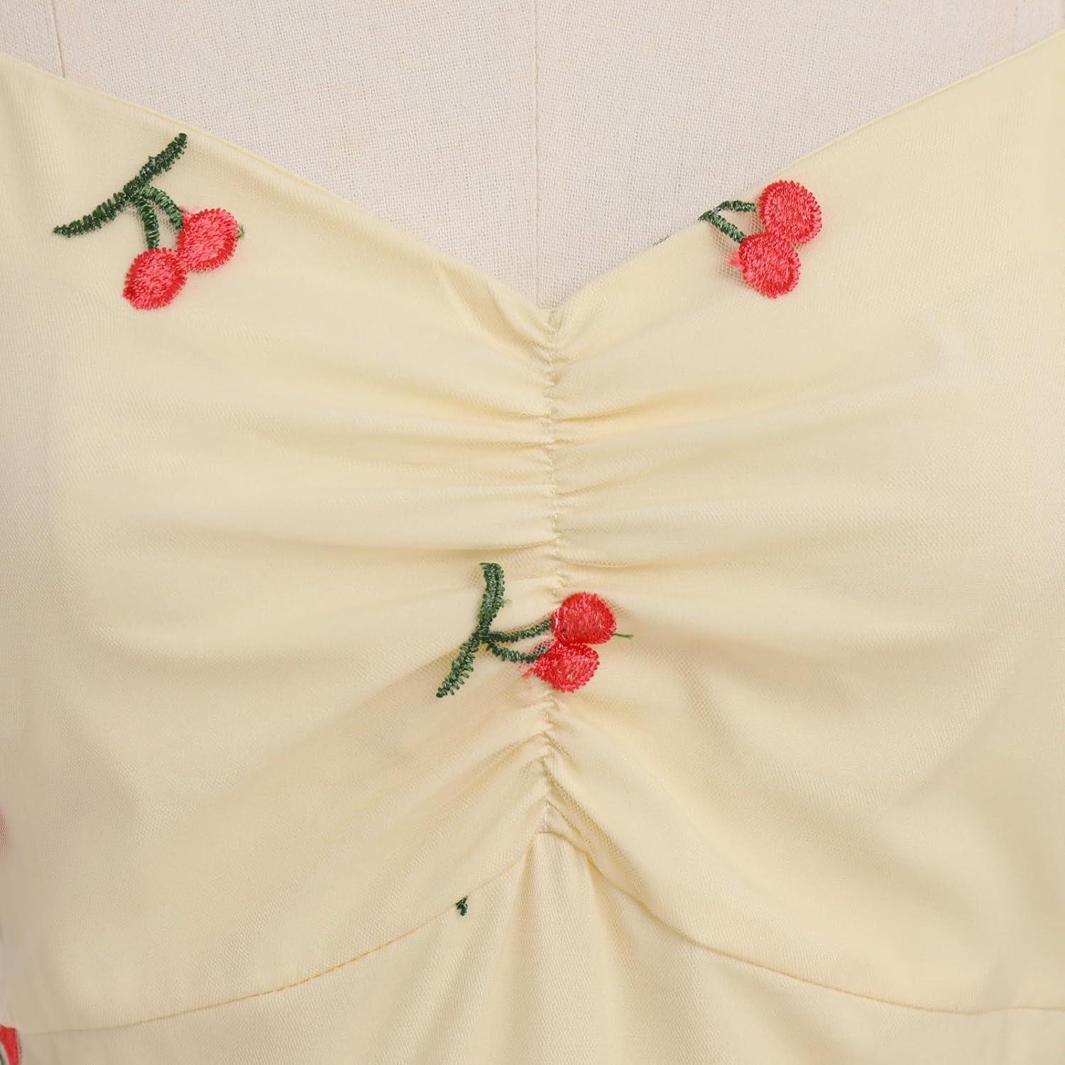 imageIDOPIP Women 1950s Vintage StrawberryCherrySequin Star Print Cocktail Mesh Dress Self Tie Straps Retro Wedding Guest DressApricotcherry Print