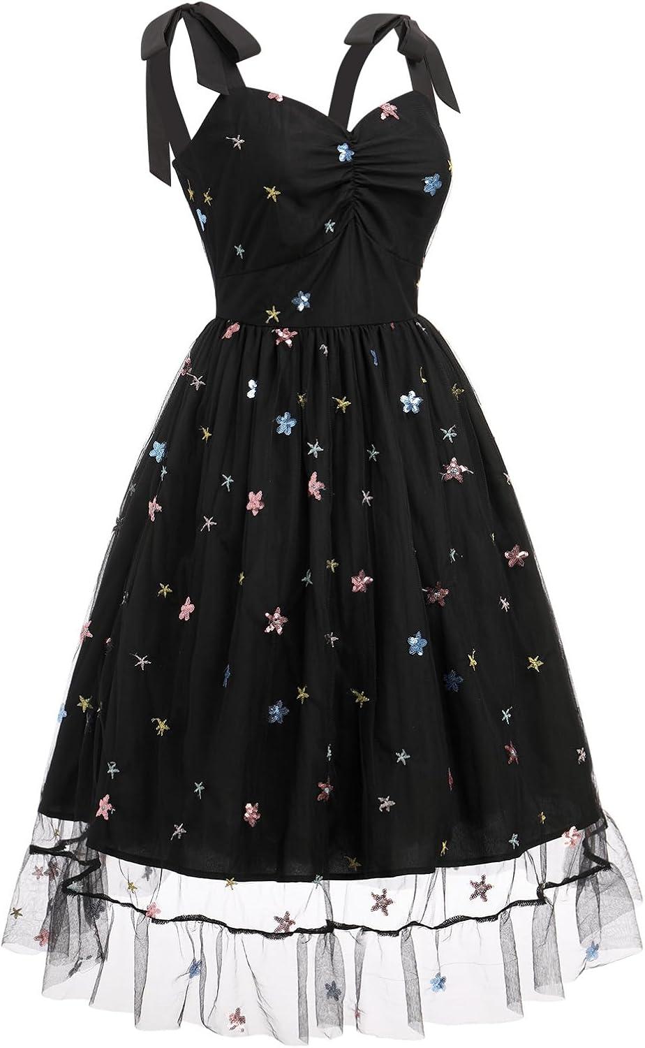 imageIDOPIP Women 1950s Vintage StrawberryCherrySequin Star Print Cocktail Mesh Dress Self Tie Straps Retro Wedding Guest DressBlackstar Print