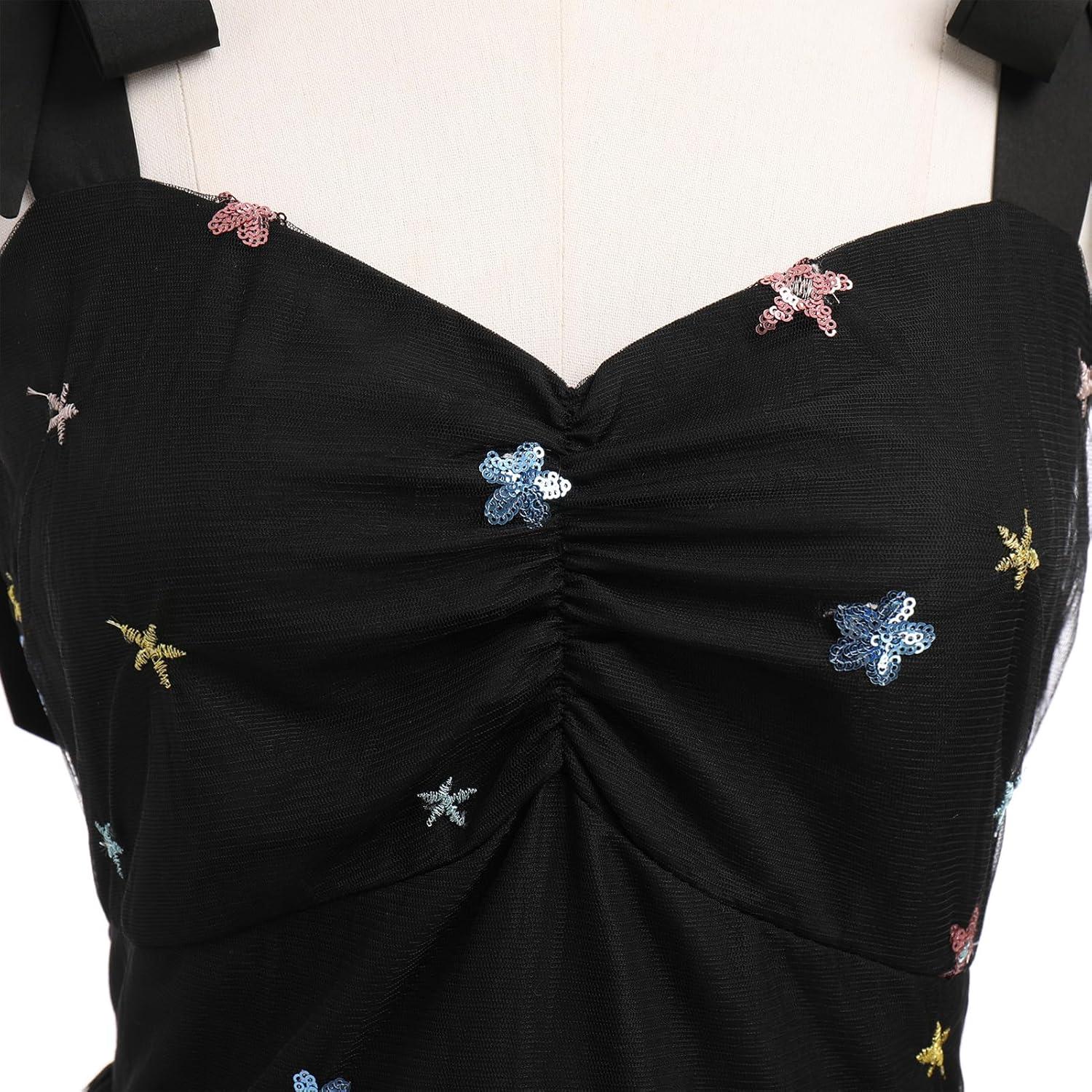 imageIDOPIP Women 1950s Vintage StrawberryCherrySequin Star Print Cocktail Mesh Dress Self Tie Straps Retro Wedding Guest DressBlackstar Print