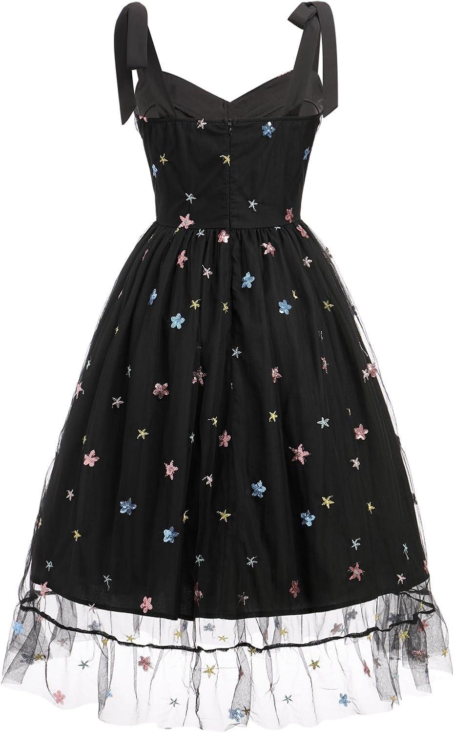 imageIDOPIP Women 1950s Vintage StrawberryCherrySequin Star Print Cocktail Mesh Dress Self Tie Straps Retro Wedding Guest DressBlackstar Print