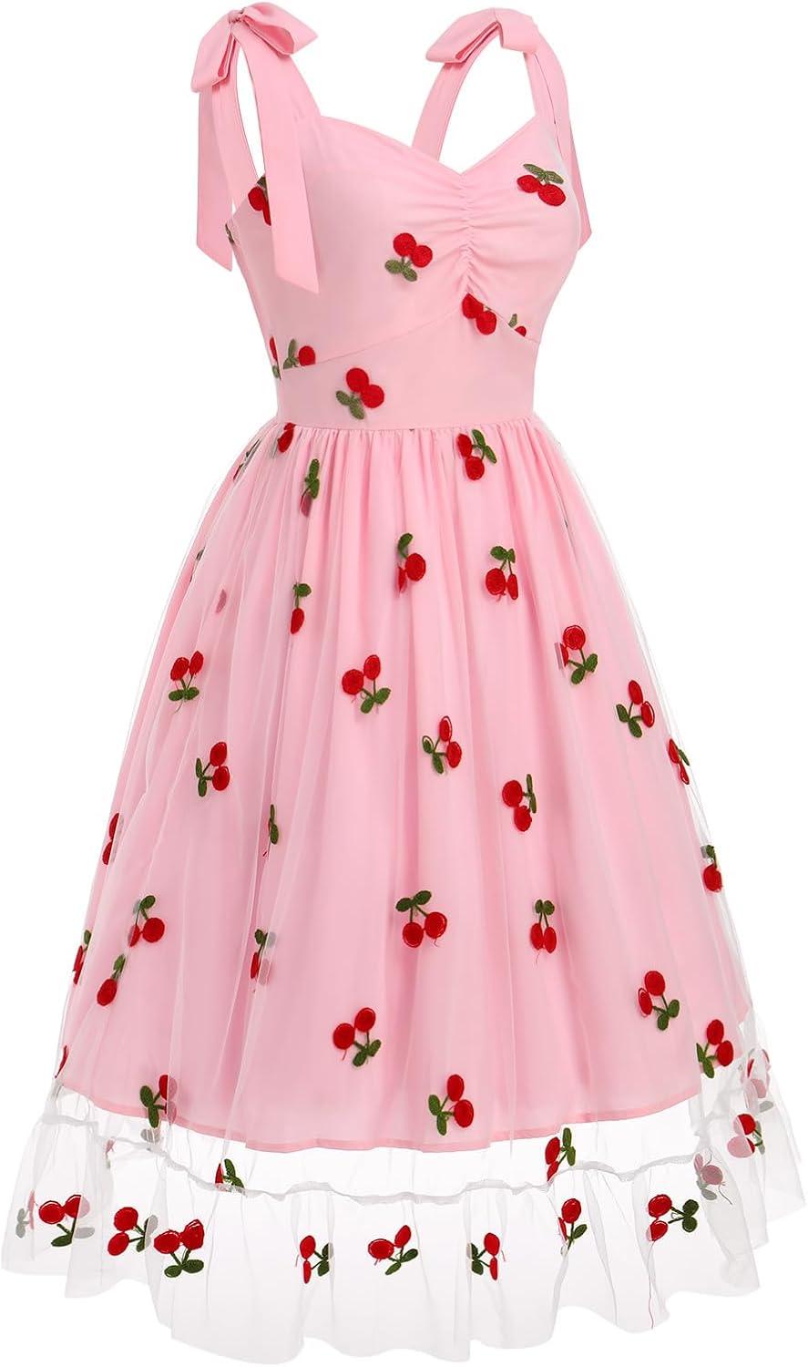 imageIDOPIP Women 1950s Vintage StrawberryCherrySequin Star Print Cocktail Mesh Dress Self Tie Straps Retro Wedding Guest DressPinkcherry Print