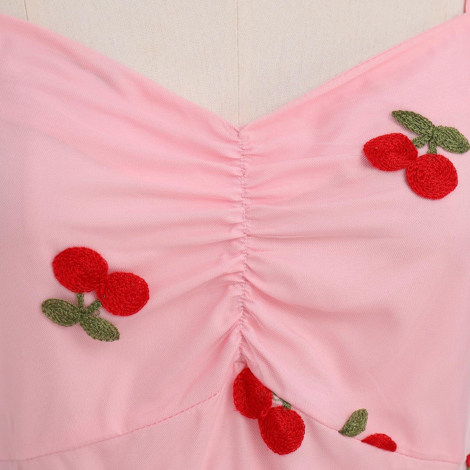 imageIDOPIP Women 1950s Vintage StrawberryCherrySequin Star Print Cocktail Mesh Dress Self Tie Straps Retro Wedding Guest DressPinkcherry Print
