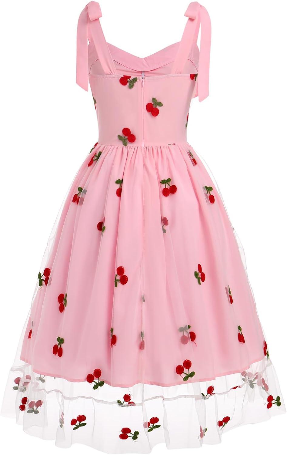imageIDOPIP Women 1950s Vintage StrawberryCherrySequin Star Print Cocktail Mesh Dress Self Tie Straps Retro Wedding Guest DressPinkcherry Print