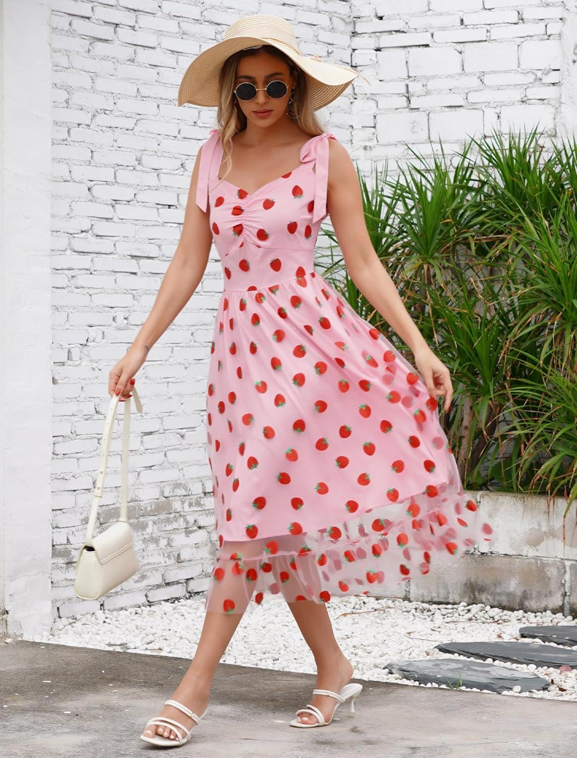 imageIDOPIP Women 1950s Vintage StrawberryCherrySequin Star Print Cocktail Mesh Dress Self Tie Straps Retro Wedding Guest DressPinkstrawberry Print