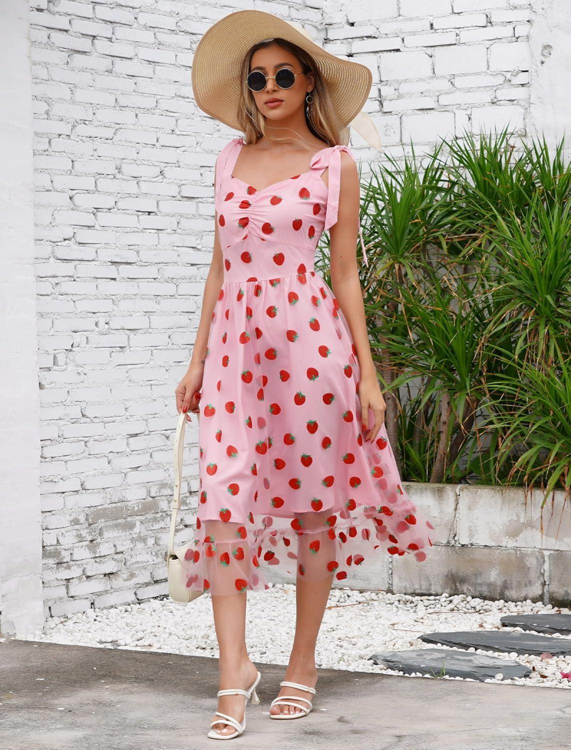 imageIDOPIP Women 1950s Vintage StrawberryCherrySequin Star Print Cocktail Mesh Dress Self Tie Straps Retro Wedding Guest DressPinkstrawberry Print