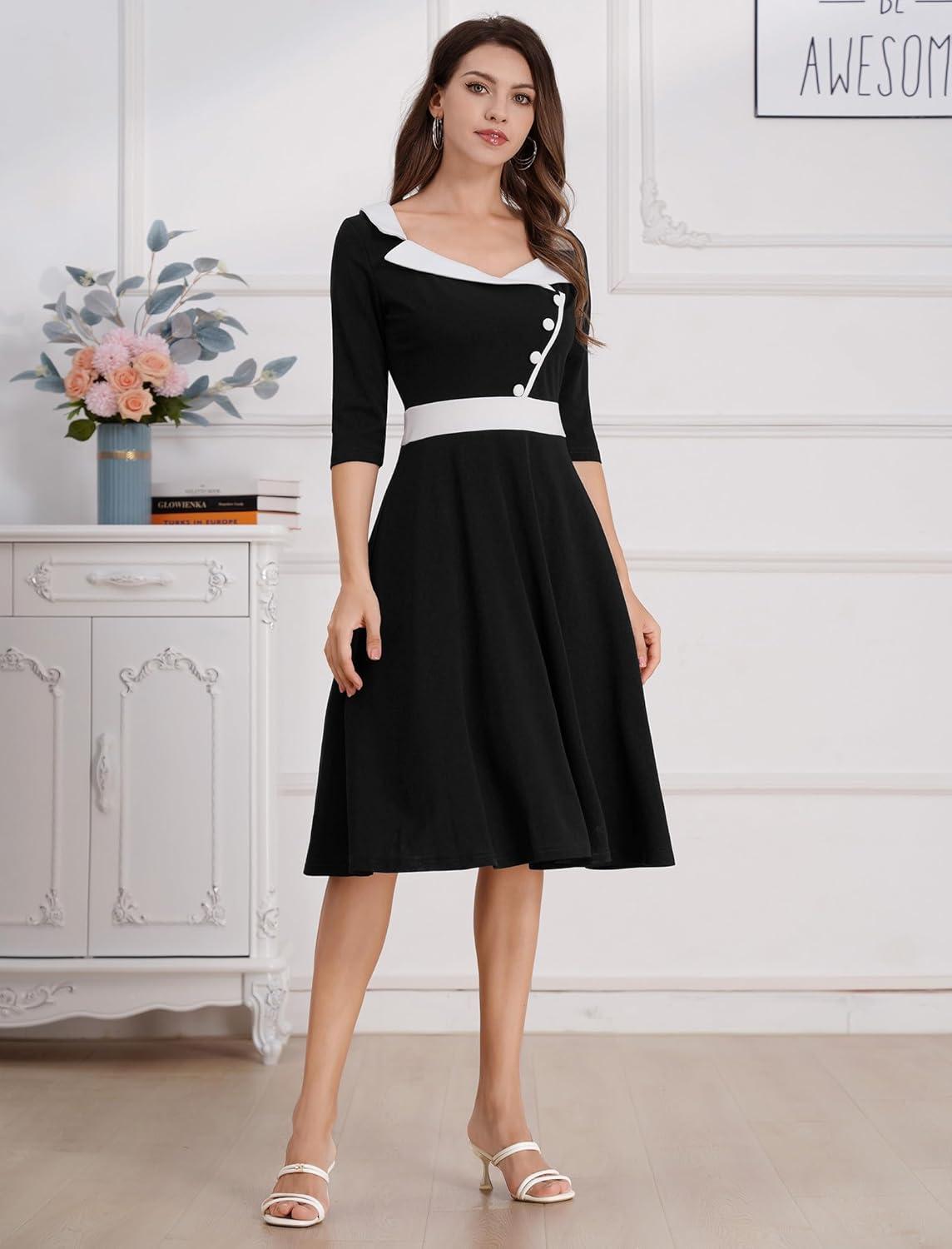 imageIDOPIP Women 1950s Vintage Stripe Swing Dress Halloween Costume Audrey Hepburn Style Cosplay Outfit Cocktail Party Midi DressBlack