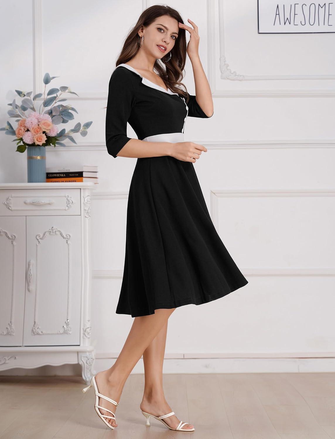 imageIDOPIP Women 1950s Vintage Stripe Swing Dress Halloween Costume Audrey Hepburn Style Cosplay Outfit Cocktail Party Midi DressBlack