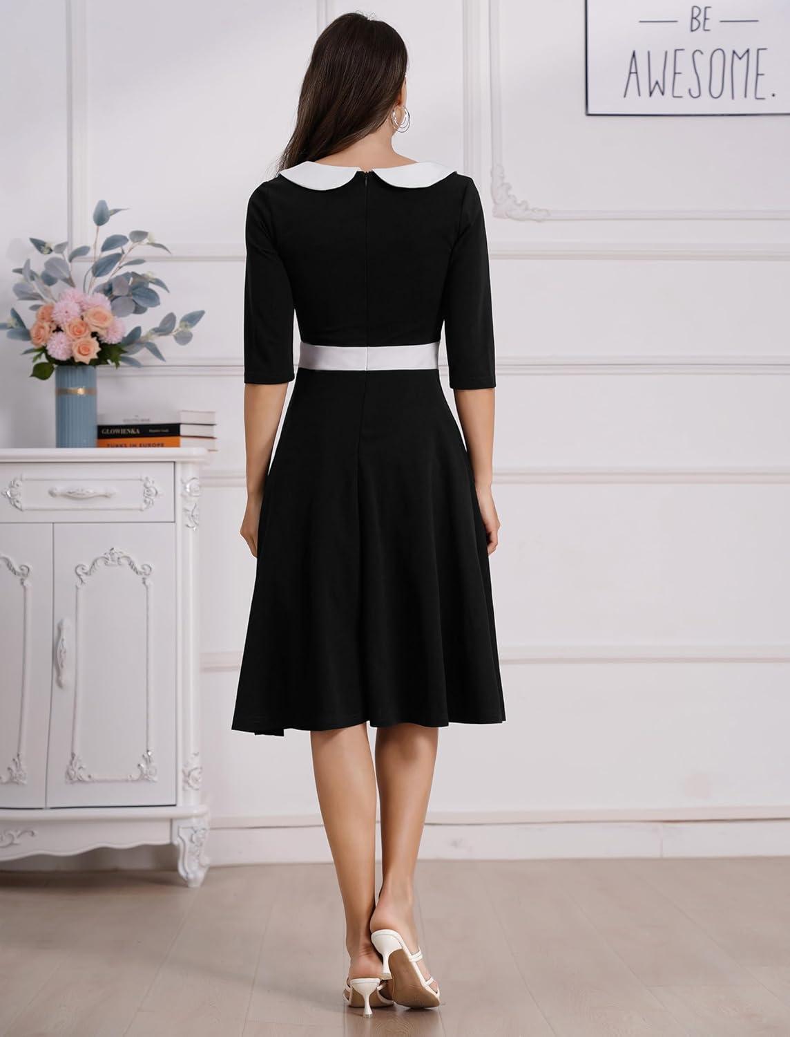 imageIDOPIP Women 1950s Vintage Stripe Swing Dress Halloween Costume Audrey Hepburn Style Cosplay Outfit Cocktail Party Midi DressBlack