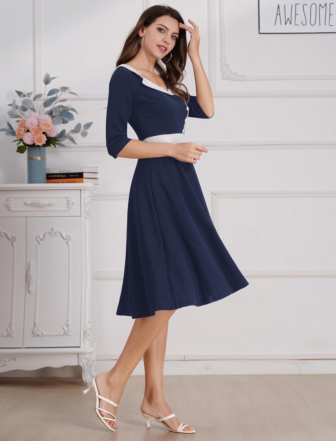imageIDOPIP Women 1950s Vintage Stripe Swing Dress Halloween Costume Audrey Hepburn Style Cosplay Outfit Cocktail Party Midi DressNavy Blue