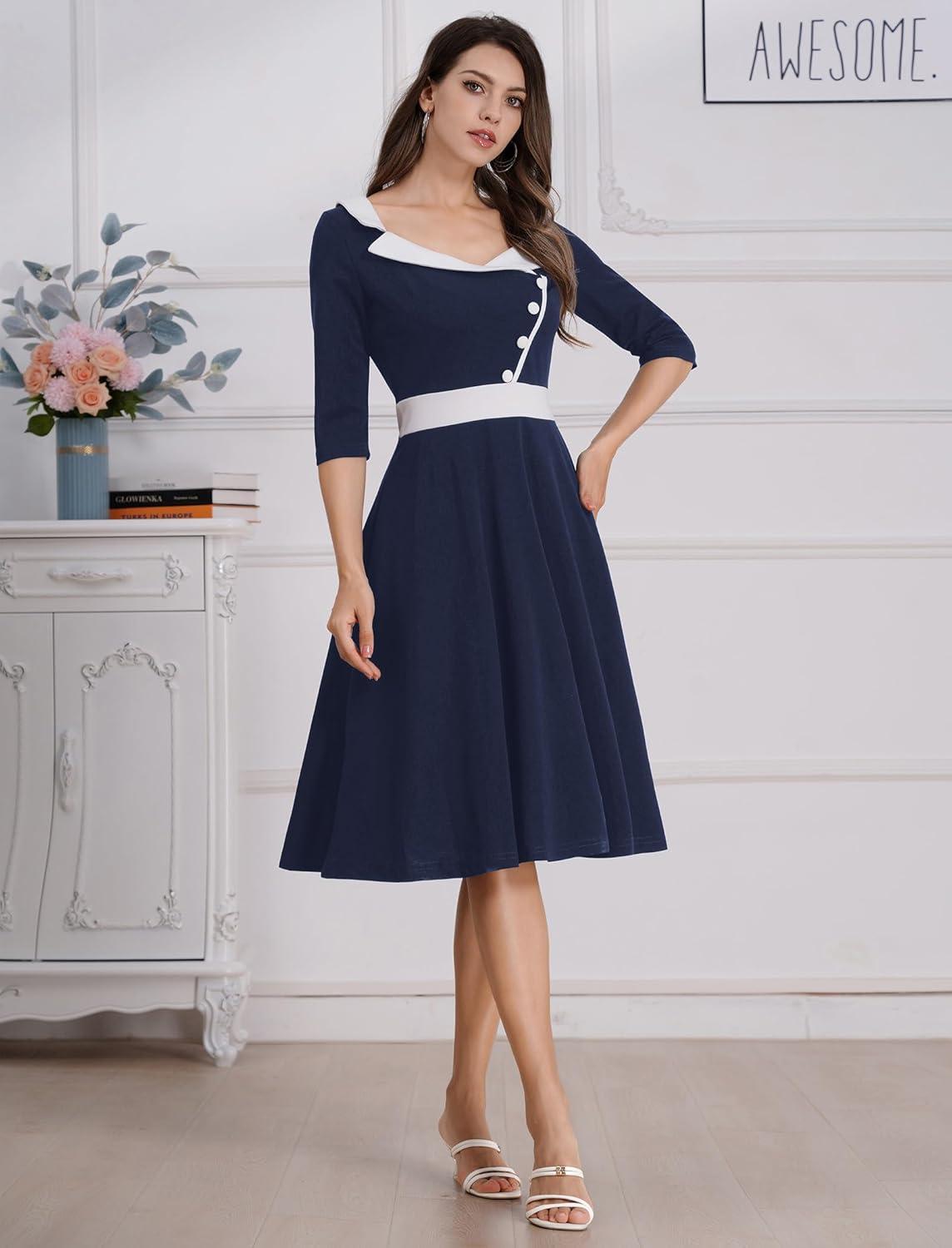 imageIDOPIP Women 1950s Vintage Stripe Swing Dress Halloween Costume Audrey Hepburn Style Cosplay Outfit Cocktail Party Midi DressNavy Blue