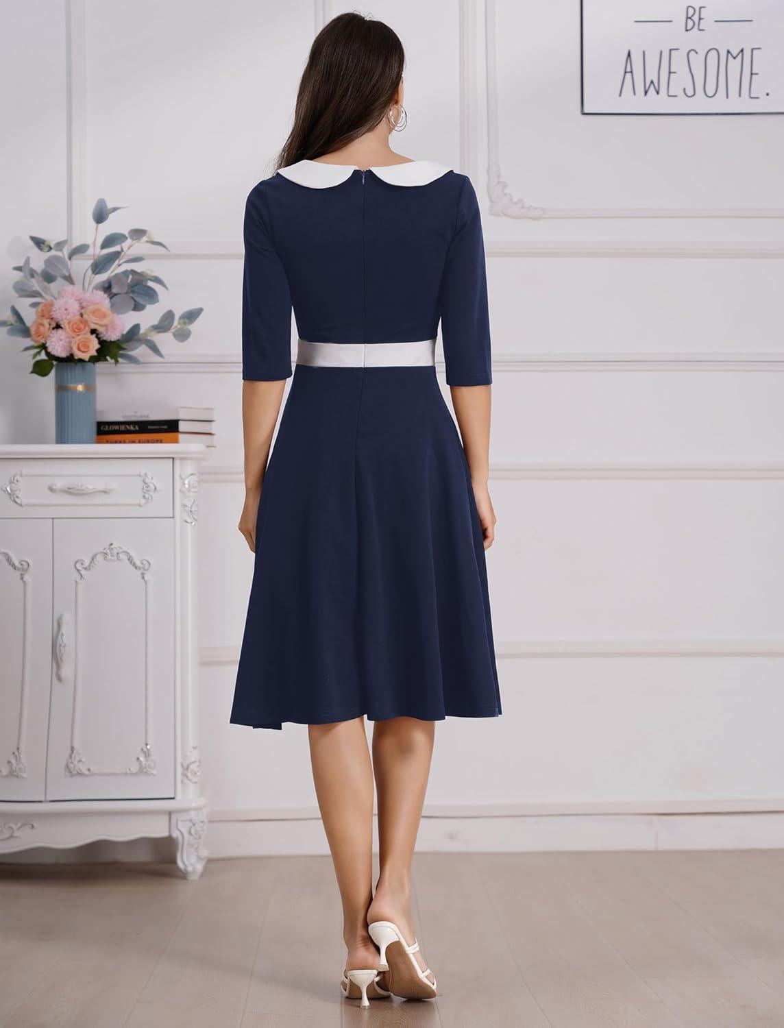 imageIDOPIP Women 1950s Vintage Stripe Swing Dress Halloween Costume Audrey Hepburn Style Cosplay Outfit Cocktail Party Midi DressNavy Blue