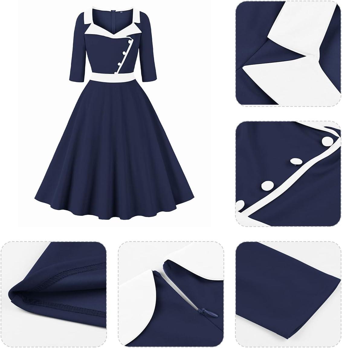 imageIDOPIP Women 1950s Vintage Stripe Swing Dress Halloween Costume Audrey Hepburn Style Cosplay Outfit Cocktail Party Midi DressNavy Blue