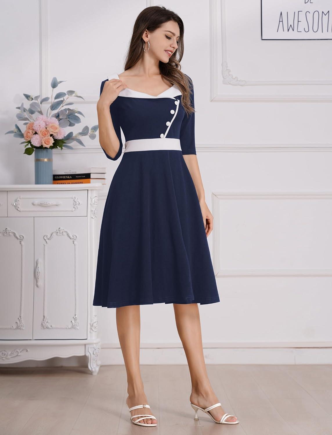 imageIDOPIP Women 1950s Vintage Stripe Swing Dress Halloween Costume Audrey Hepburn Style Cosplay Outfit Cocktail Party Midi DressNavy Blue