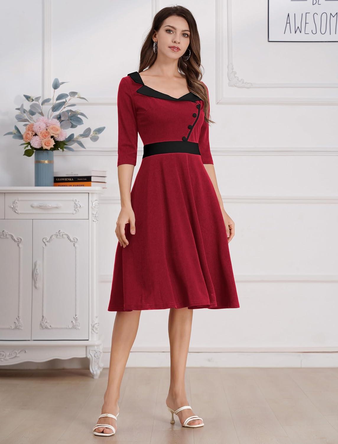 imageIDOPIP Women 1950s Vintage Stripe Swing Dress Halloween Costume Audrey Hepburn Style Cosplay Outfit Cocktail Party Midi DressRed
