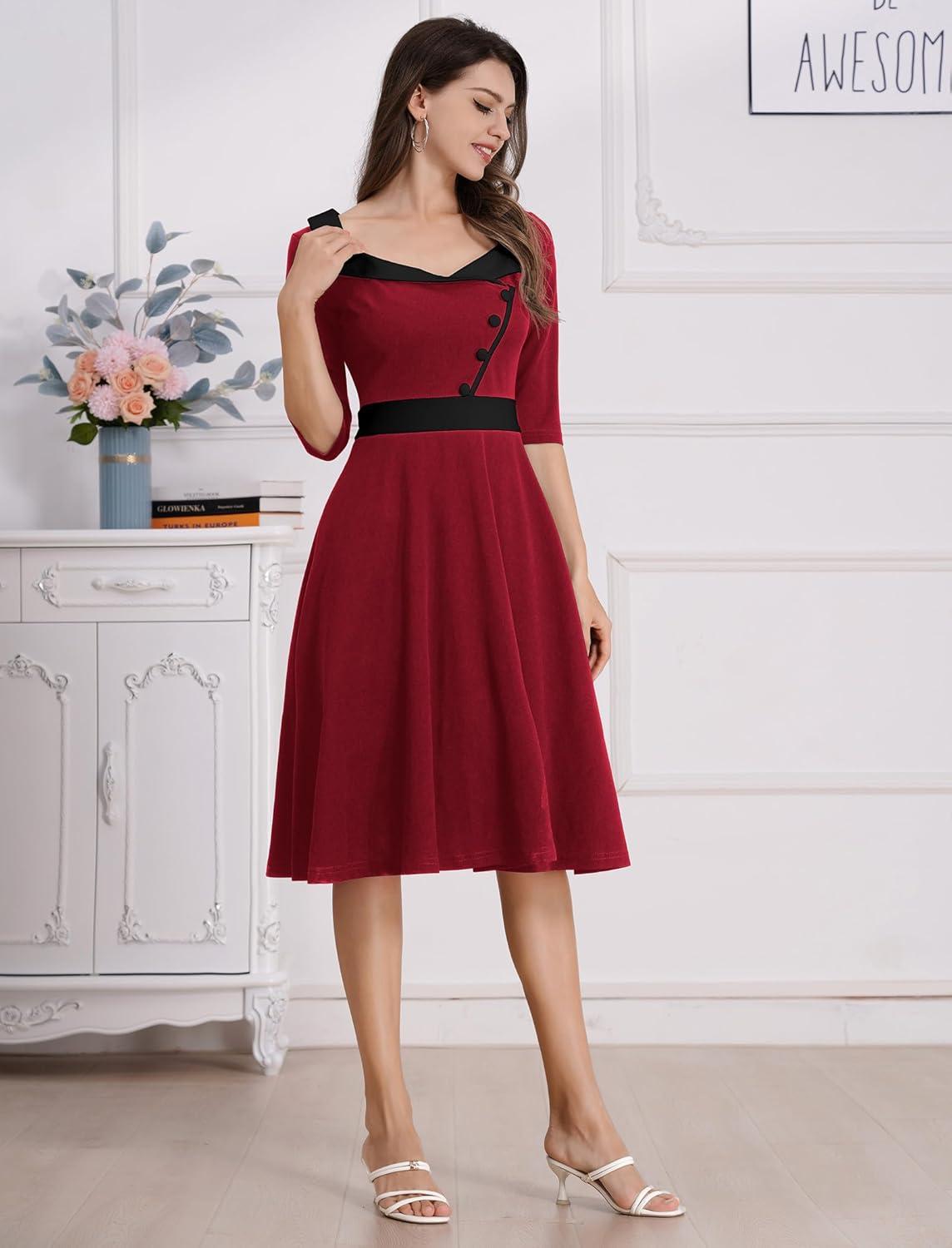 imageIDOPIP Women 1950s Vintage Stripe Swing Dress Halloween Costume Audrey Hepburn Style Cosplay Outfit Cocktail Party Midi DressRed
