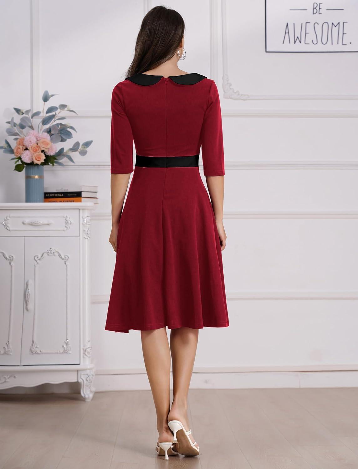 imageIDOPIP Women 1950s Vintage Stripe Swing Dress Halloween Costume Audrey Hepburn Style Cosplay Outfit Cocktail Party Midi DressRed