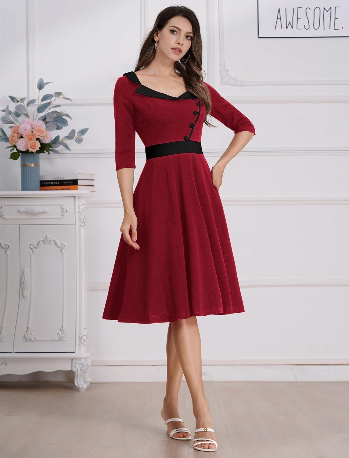 imageIDOPIP Women 1950s Vintage Stripe Swing Dress Halloween Costume Audrey Hepburn Style Cosplay Outfit Cocktail Party Midi DressRed