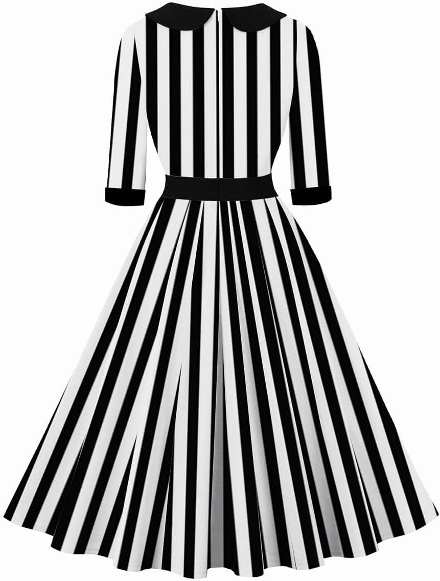 imageIDOPIP Women 1950s Vintage Stripe Swing Dress Halloween Costume Audrey Hepburn Style Cosplay Outfit Cocktail Party Midi DressStripe