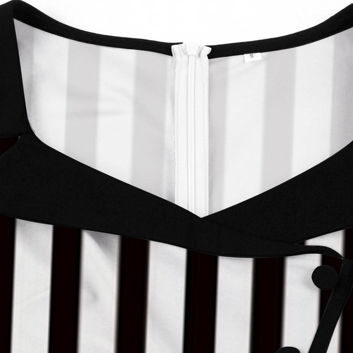 imageIDOPIP Women 1950s Vintage Stripe Swing Dress Halloween Costume Audrey Hepburn Style Cosplay Outfit Cocktail Party Midi DressStripe