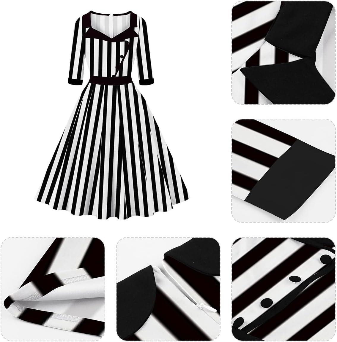 imageIDOPIP Women 1950s Vintage Stripe Swing Dress Halloween Costume Audrey Hepburn Style Cosplay Outfit Cocktail Party Midi DressStripe
