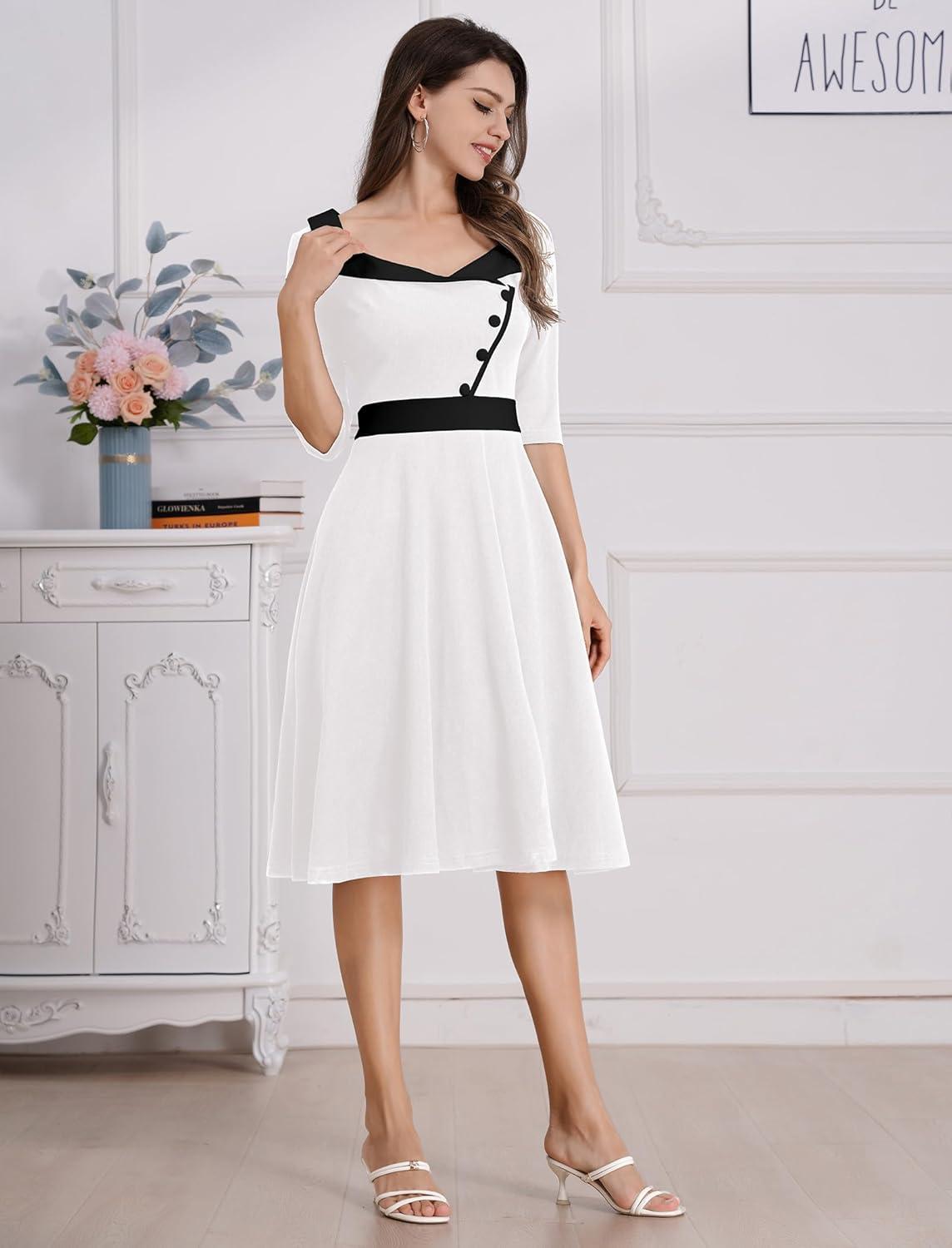 imageIDOPIP Women 1950s Vintage Stripe Swing Dress Halloween Costume Audrey Hepburn Style Cosplay Outfit Cocktail Party Midi DressWhite