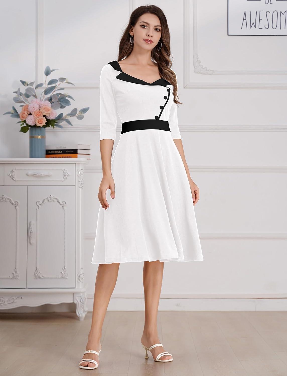 imageIDOPIP Women 1950s Vintage Stripe Swing Dress Halloween Costume Audrey Hepburn Style Cosplay Outfit Cocktail Party Midi DressWhite