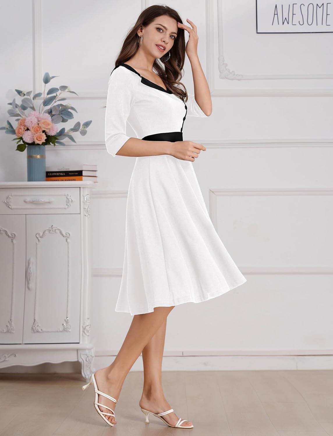imageIDOPIP Women 1950s Vintage Stripe Swing Dress Halloween Costume Audrey Hepburn Style Cosplay Outfit Cocktail Party Midi DressWhite