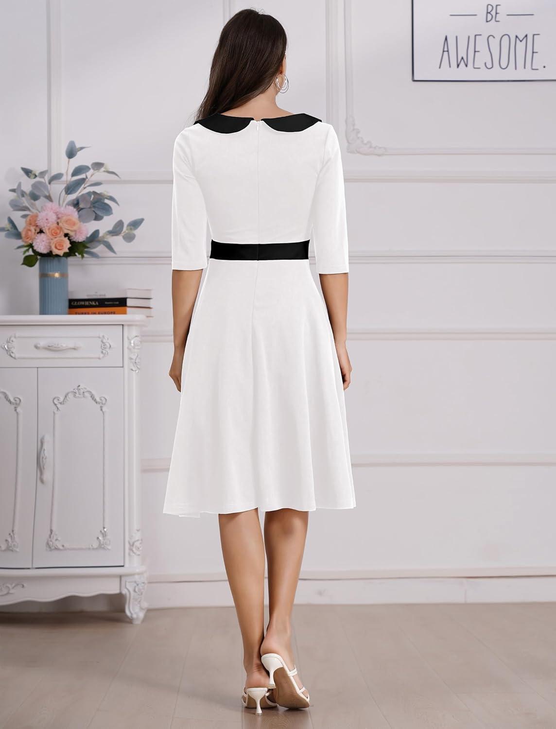imageIDOPIP Women 1950s Vintage Stripe Swing Dress Halloween Costume Audrey Hepburn Style Cosplay Outfit Cocktail Party Midi DressWhite