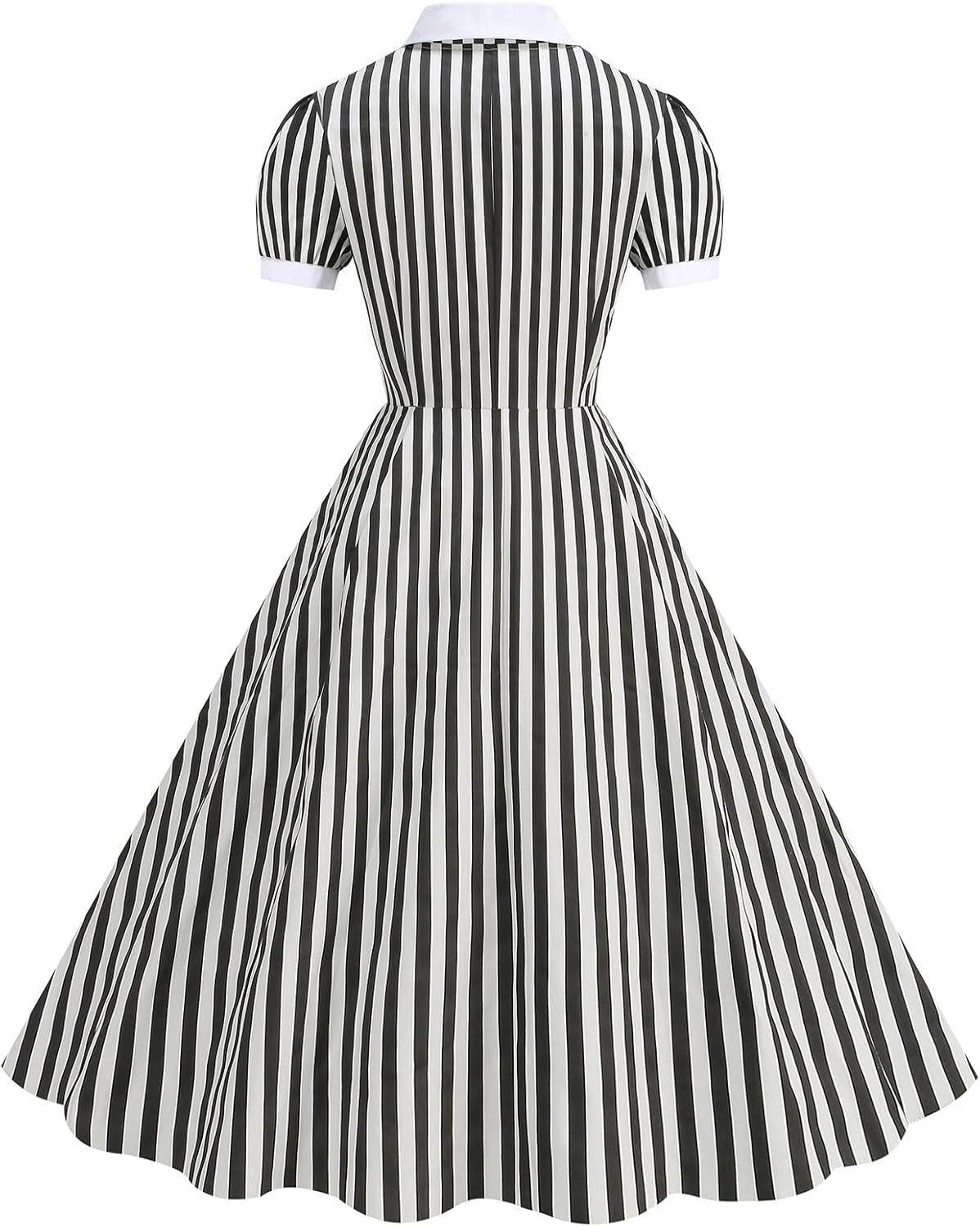imageIDOPIP Women 1950s Vintage Swing Dress Puff Sleeve Cocktail Party Dress Formal Rockabilly Evening Elegant Retro Midi DressBlack White Striped