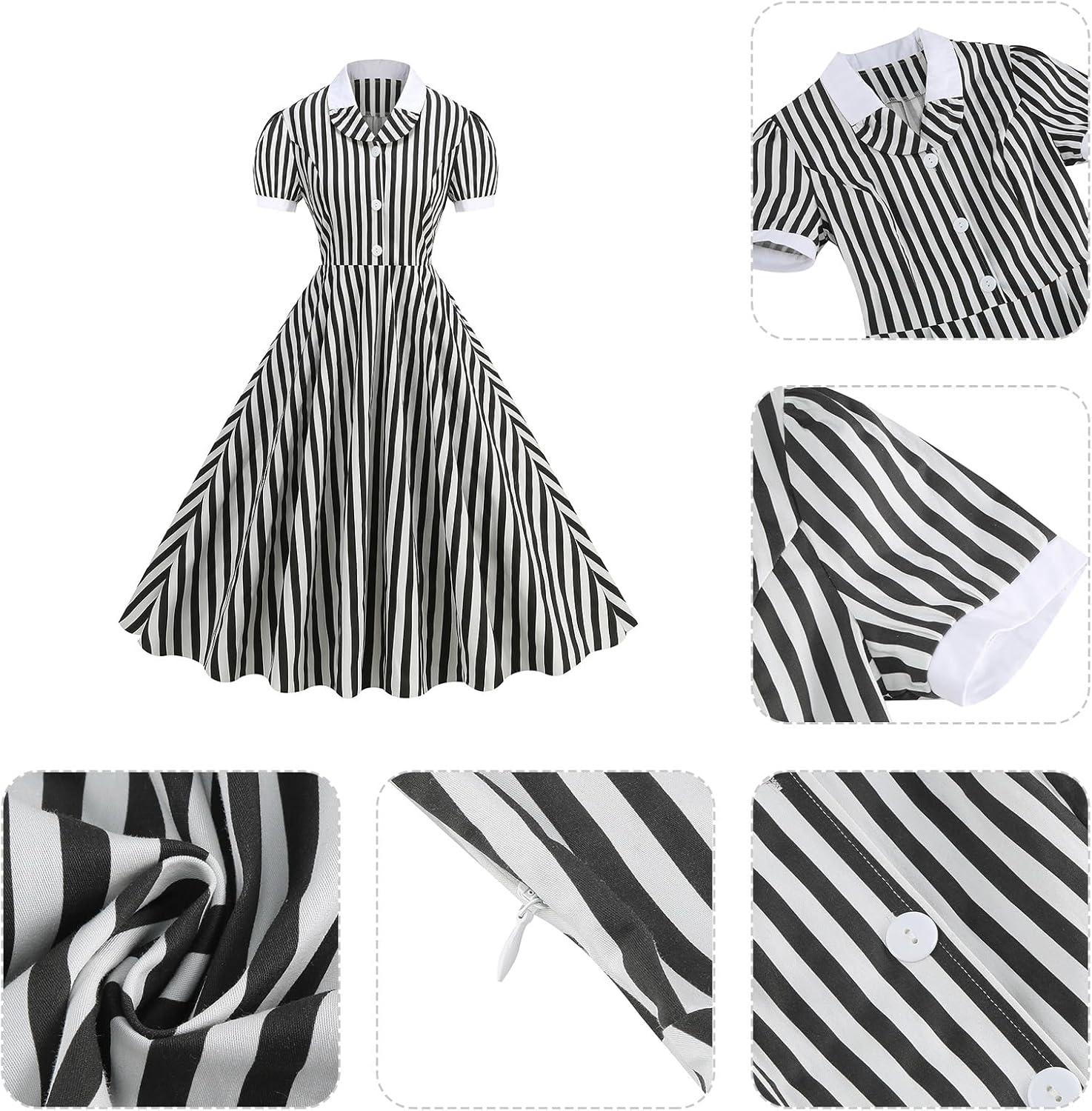 imageIDOPIP Women 1950s Vintage Swing Dress Puff Sleeve Cocktail Party Dress Formal Rockabilly Evening Elegant Retro Midi DressBlack White Striped