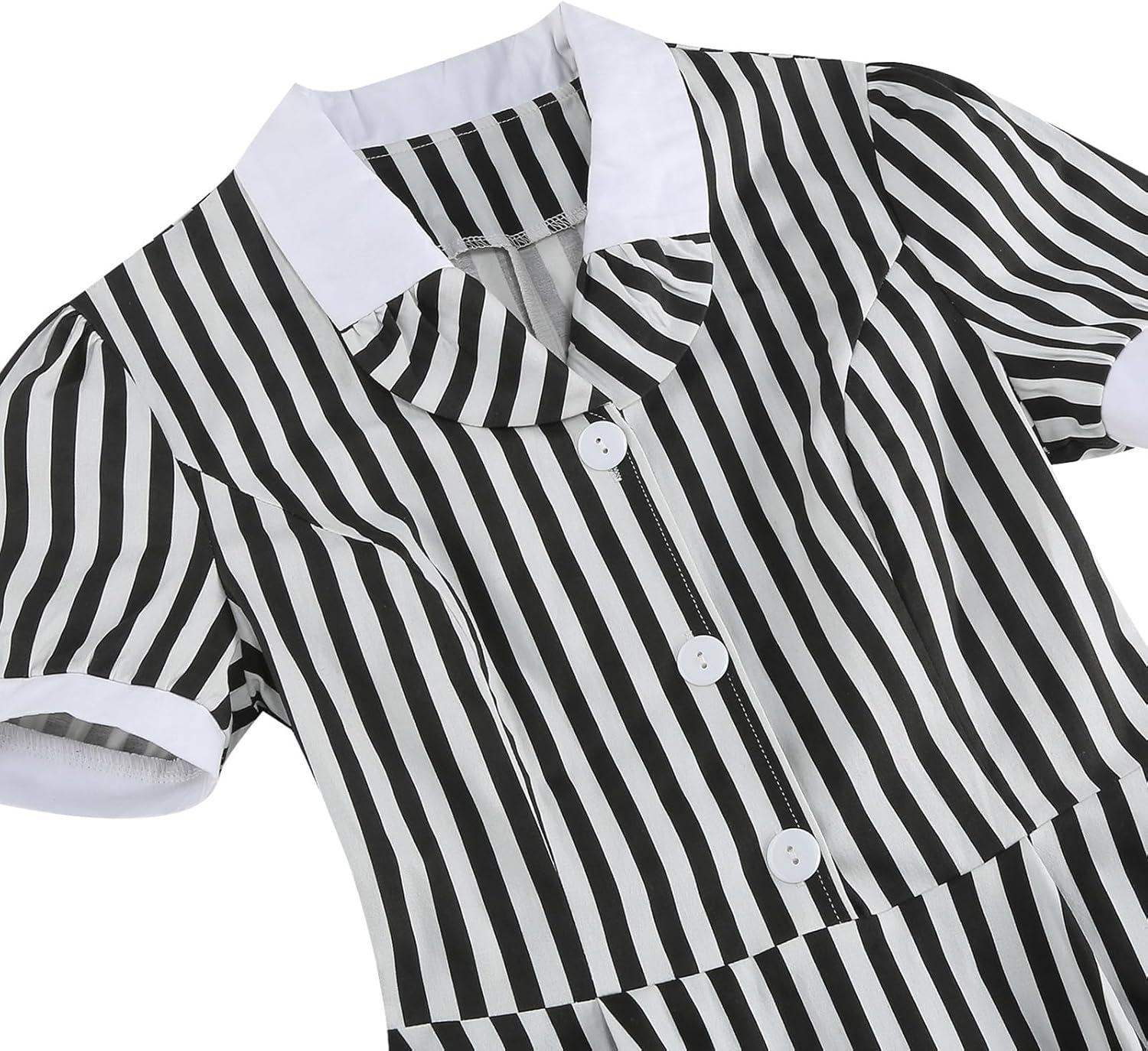 imageIDOPIP Women 1950s Vintage Swing Dress Puff Sleeve Cocktail Party Dress Formal Rockabilly Evening Elegant Retro Midi DressBlack White Striped