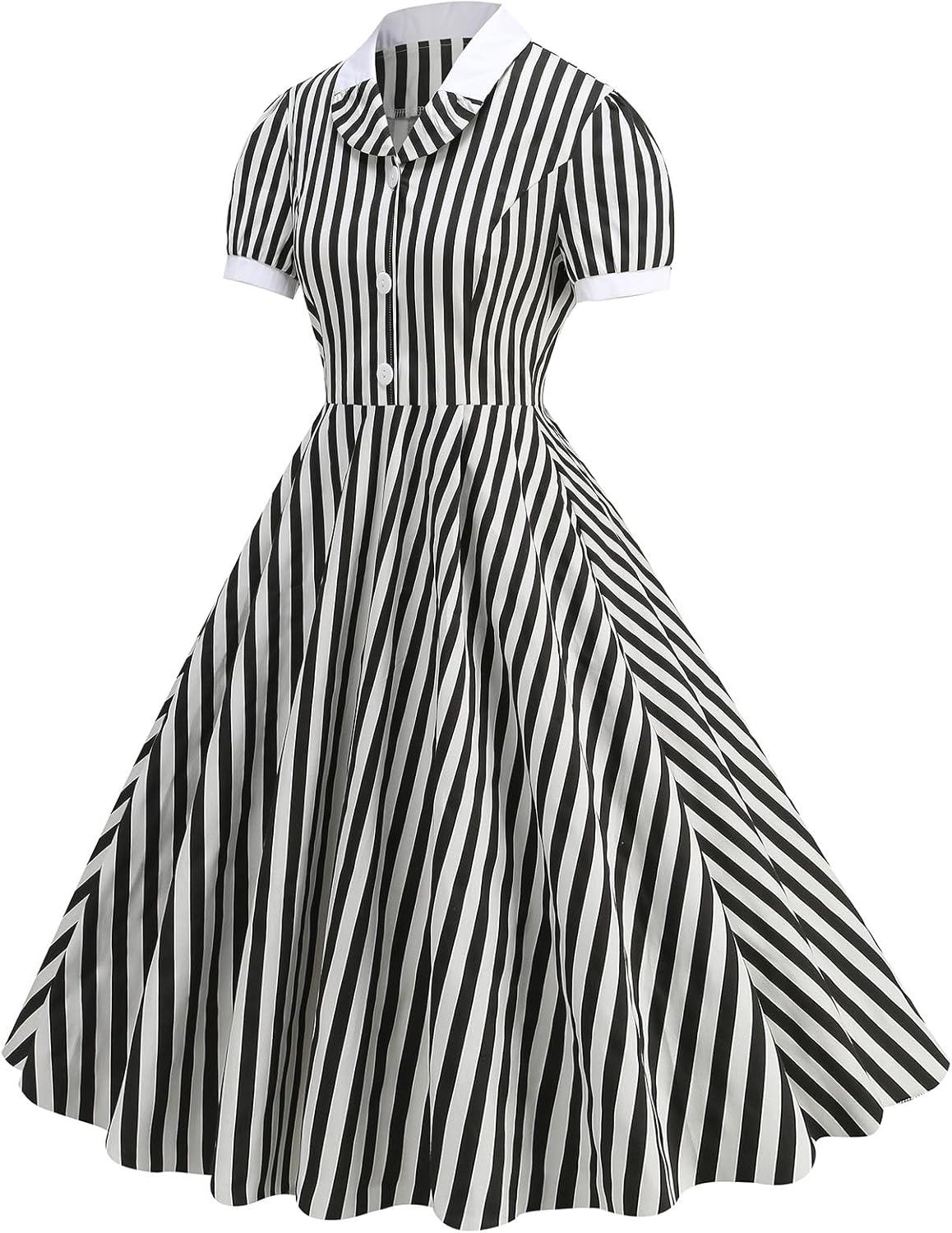 imageIDOPIP Women 1950s Vintage Swing Dress Puff Sleeve Cocktail Party Dress Formal Rockabilly Evening Elegant Retro Midi DressBlack White Striped
