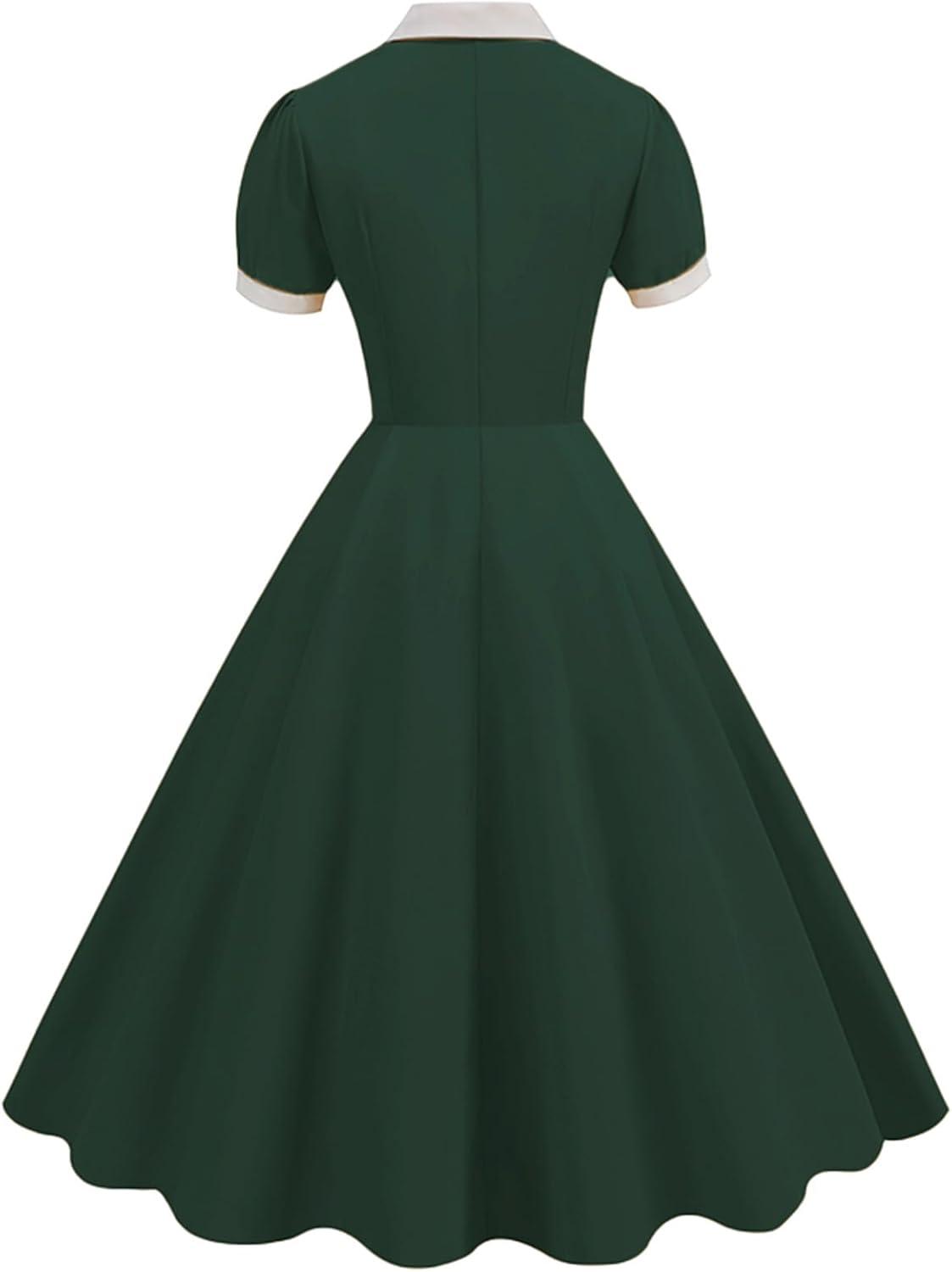 imageIDOPIP Women 1950s Vintage Swing Dress Puff Sleeve Cocktail Party Dress Formal Rockabilly Evening Elegant Retro Midi DressBlackish Green