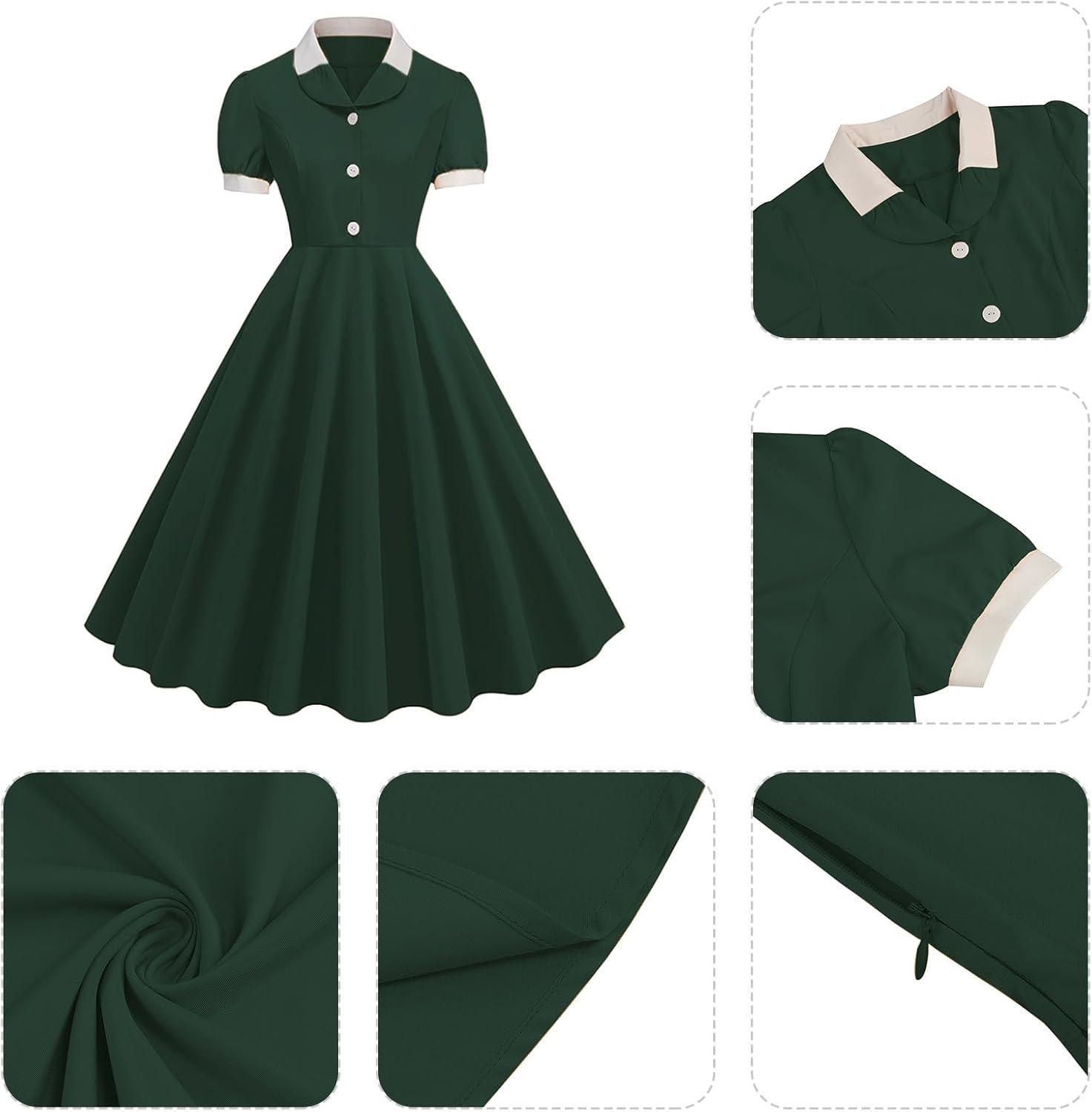 imageIDOPIP Women 1950s Vintage Swing Dress Puff Sleeve Cocktail Party Dress Formal Rockabilly Evening Elegant Retro Midi DressBlackish Green