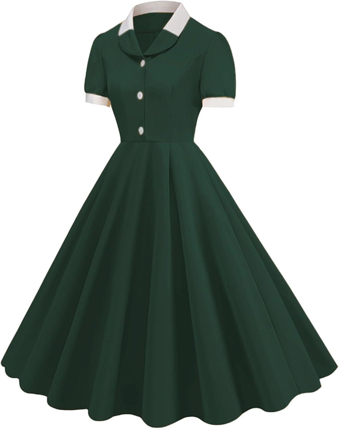 imageIDOPIP Women 1950s Vintage Swing Dress Puff Sleeve Cocktail Party Dress Formal Rockabilly Evening Elegant Retro Midi DressBlackish Green