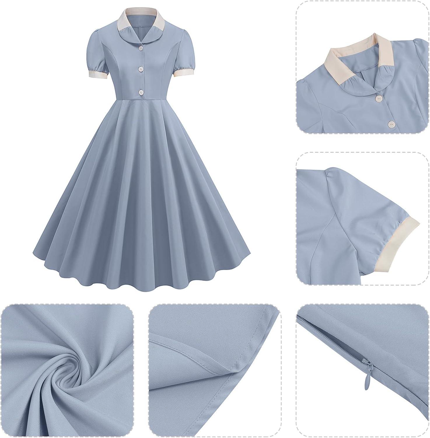 imageIDOPIP Women 1950s Vintage Swing Dress Puff Sleeve Cocktail Party Dress Formal Rockabilly Evening Elegant Retro Midi DressBlue