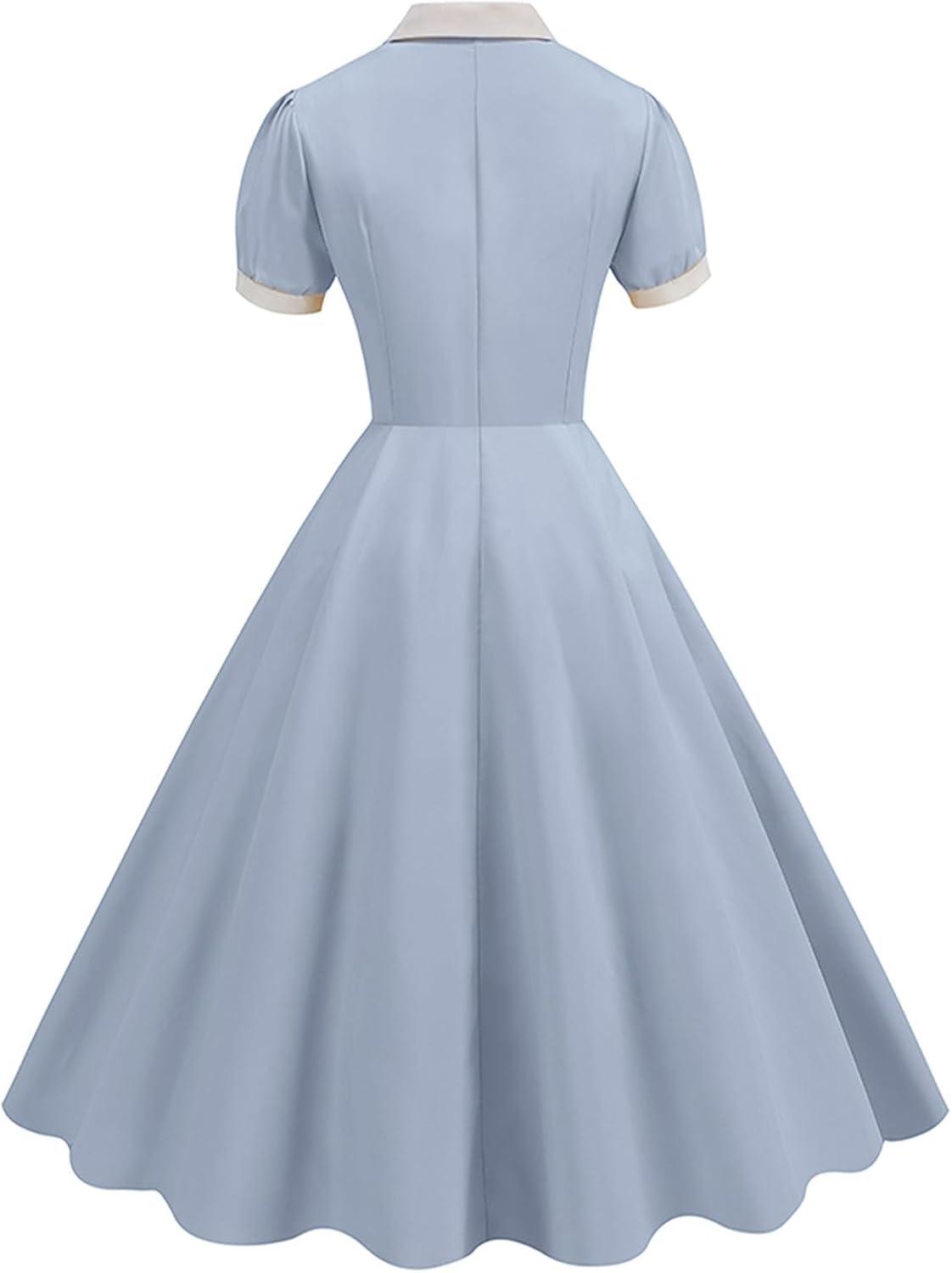 imageIDOPIP Women 1950s Vintage Swing Dress Puff Sleeve Cocktail Party Dress Formal Rockabilly Evening Elegant Retro Midi DressBlue