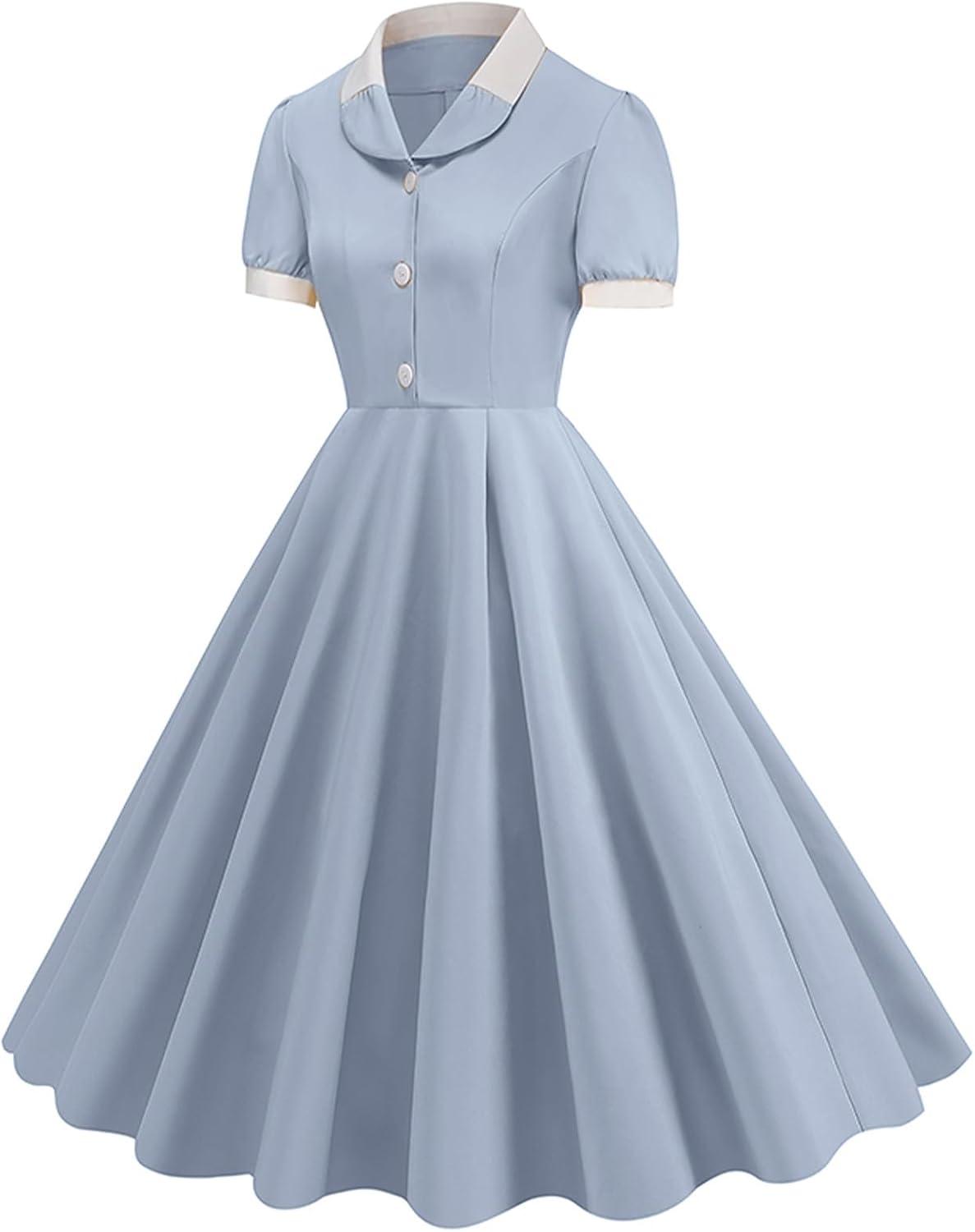imageIDOPIP Women 1950s Vintage Swing Dress Puff Sleeve Cocktail Party Dress Formal Rockabilly Evening Elegant Retro Midi DressBlue