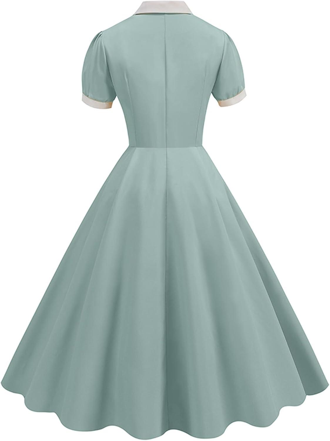 imageIDOPIP Women 1950s Vintage Swing Dress Puff Sleeve Cocktail Party Dress Formal Rockabilly Evening Elegant Retro Midi DressGreen