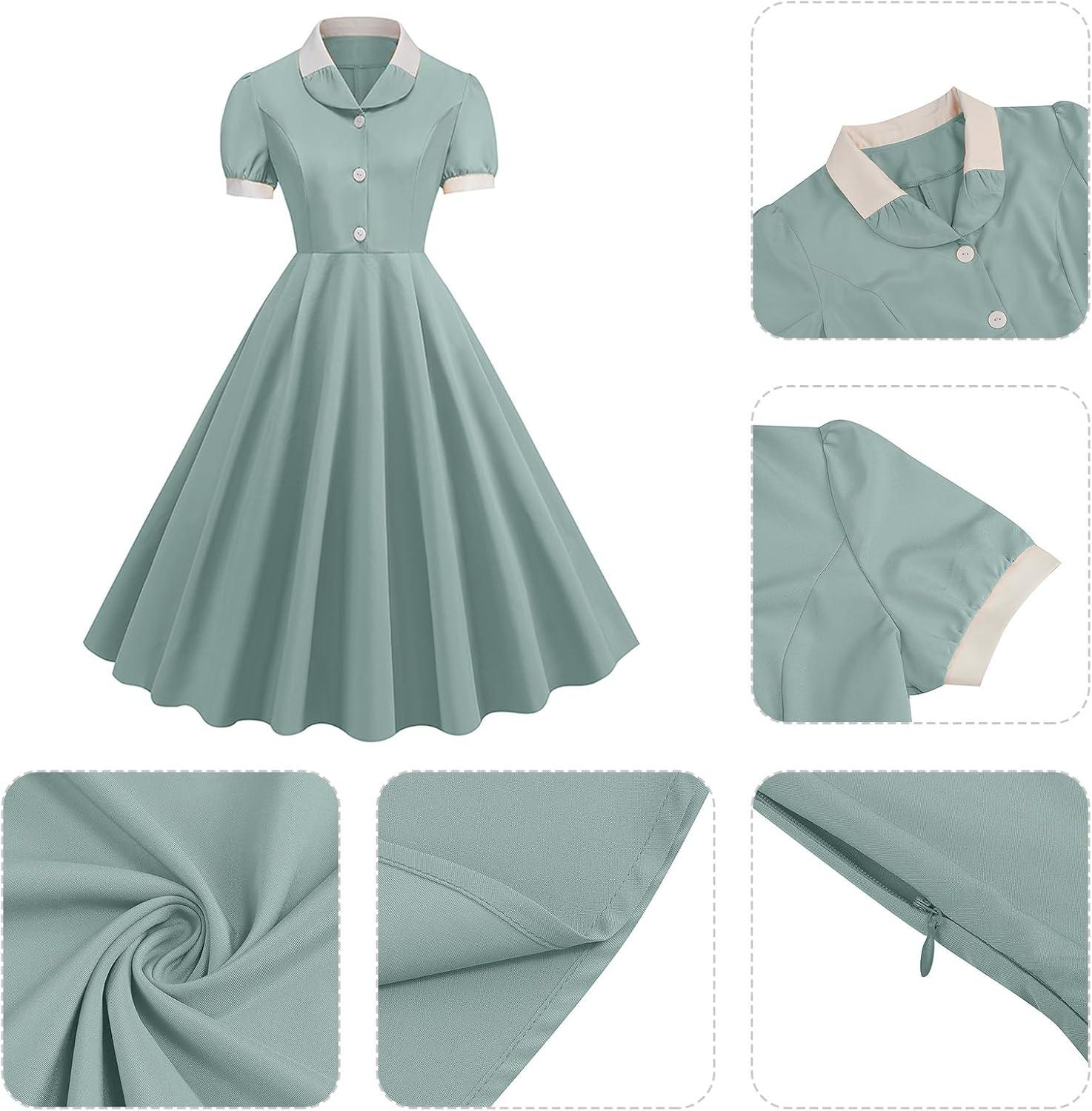 imageIDOPIP Women 1950s Vintage Swing Dress Puff Sleeve Cocktail Party Dress Formal Rockabilly Evening Elegant Retro Midi DressGreen