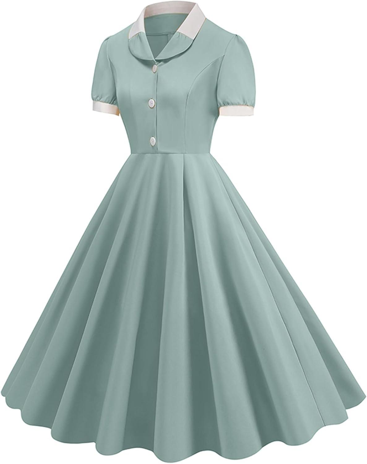 imageIDOPIP Women 1950s Vintage Swing Dress Puff Sleeve Cocktail Party Dress Formal Rockabilly Evening Elegant Retro Midi DressGreen