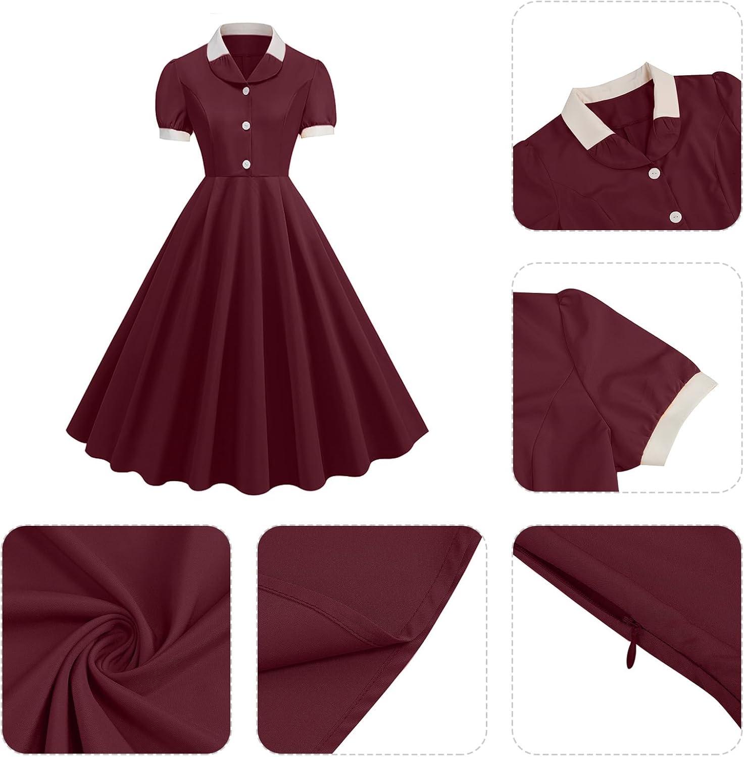 imageIDOPIP Women 1950s Vintage Swing Dress Puff Sleeve Cocktail Party Dress Formal Rockabilly Evening Elegant Retro Midi DressWine