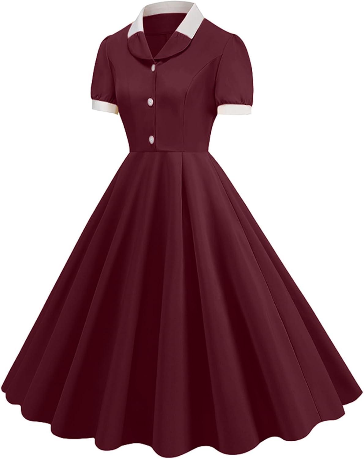imageIDOPIP Women 1950s Vintage Swing Dress Puff Sleeve Cocktail Party Dress Formal Rockabilly Evening Elegant Retro Midi DressWine