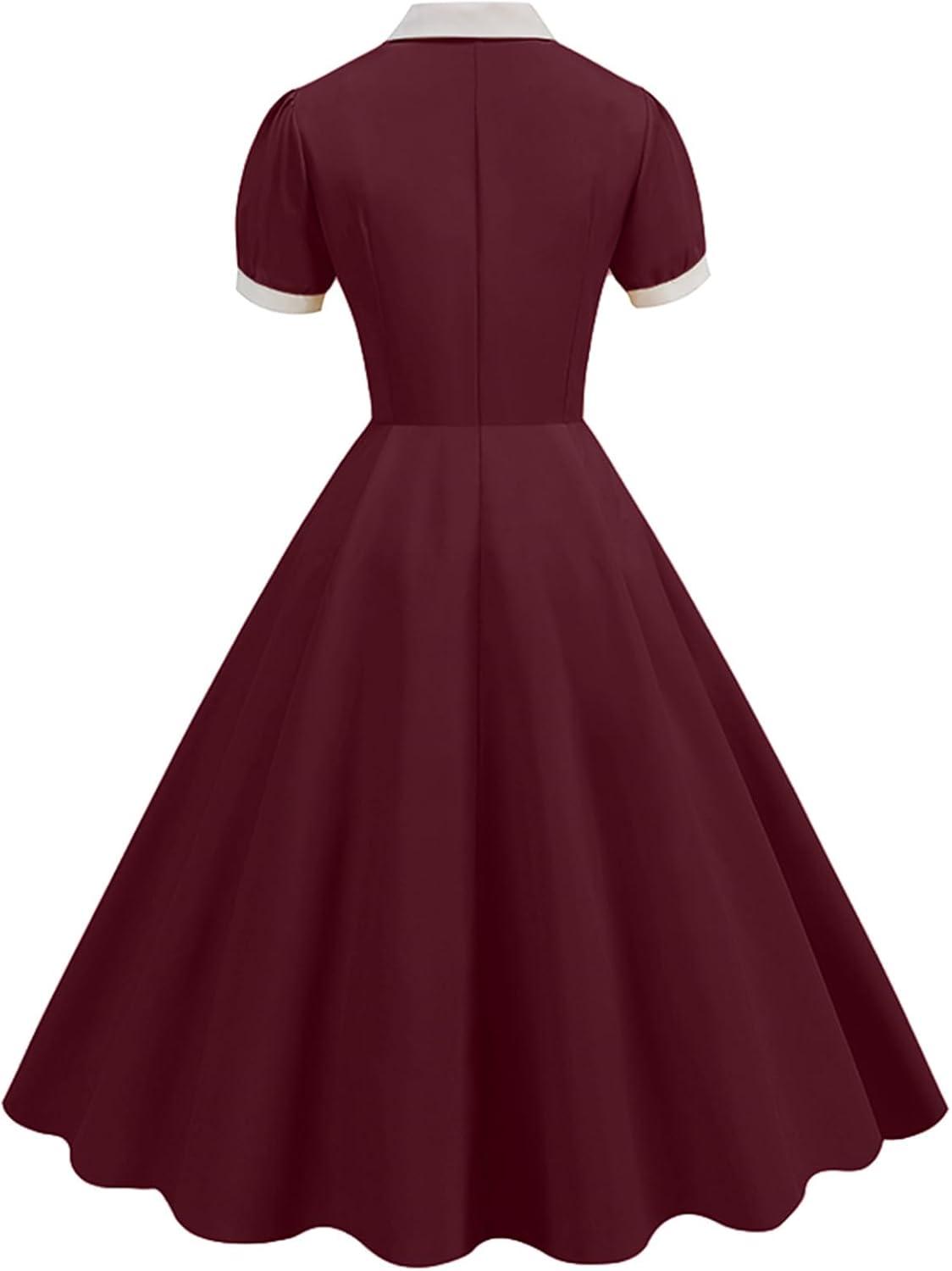 imageIDOPIP Women 1950s Vintage Swing Dress Puff Sleeve Cocktail Party Dress Formal Rockabilly Evening Elegant Retro Midi DressWine