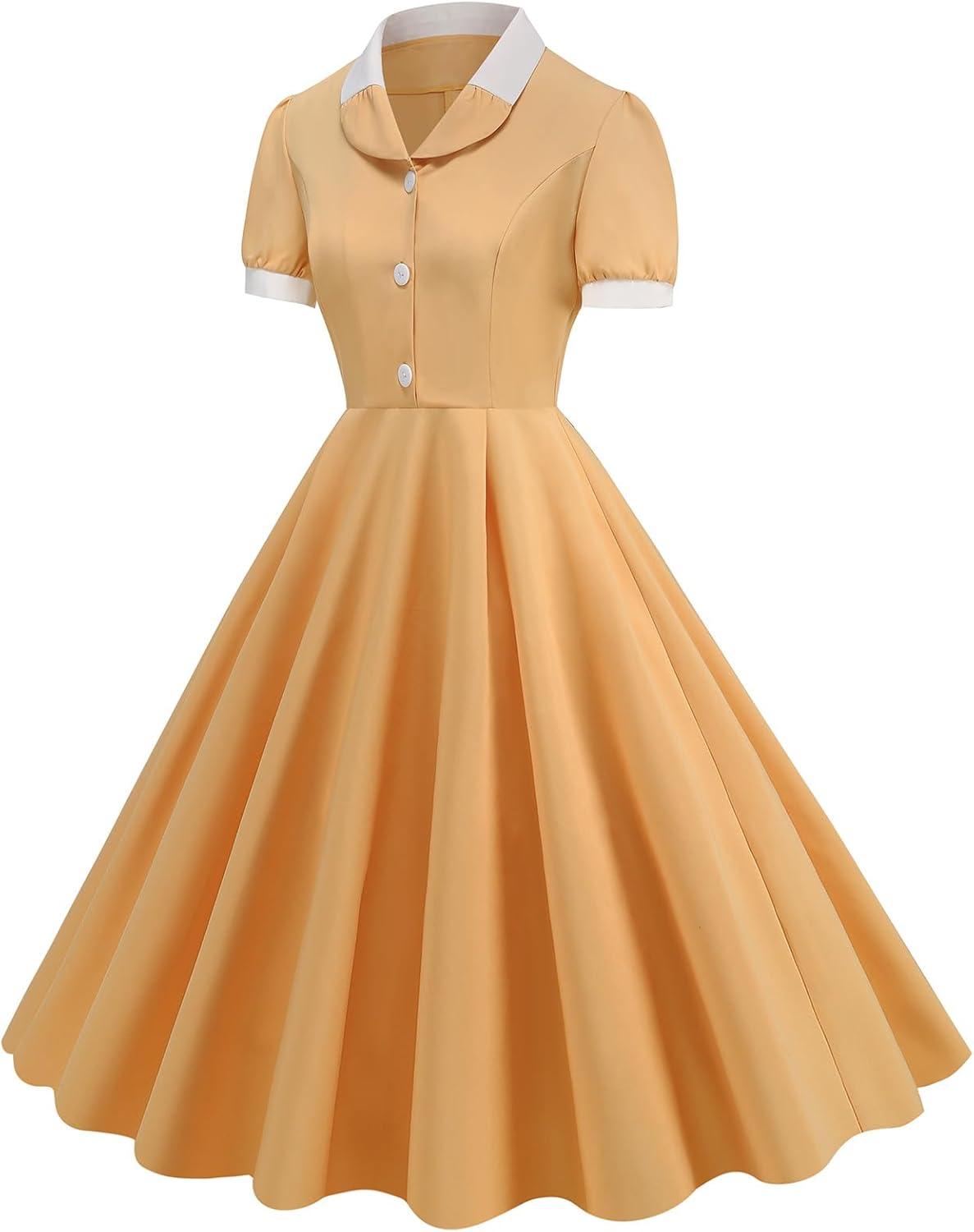 imageIDOPIP Women 1950s Vintage Swing Dress Puff Sleeve Cocktail Party Dress Formal Rockabilly Evening Elegant Retro Midi DressYellow