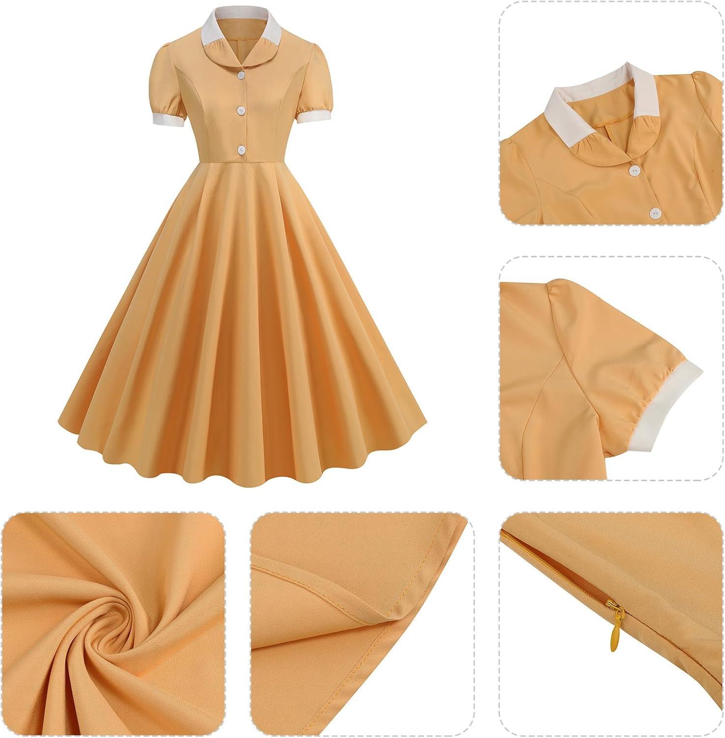 imageIDOPIP Women 1950s Vintage Swing Dress Puff Sleeve Cocktail Party Dress Formal Rockabilly Evening Elegant Retro Midi DressYellow