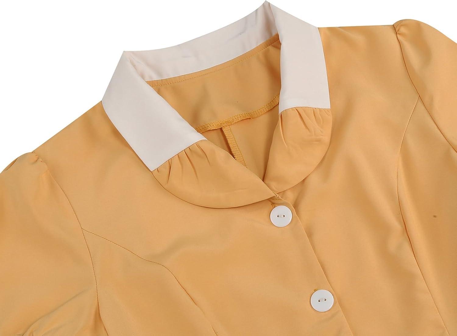 imageIDOPIP Women 1950s Vintage Swing Dress Puff Sleeve Cocktail Party Dress Formal Rockabilly Evening Elegant Retro Midi DressYellow