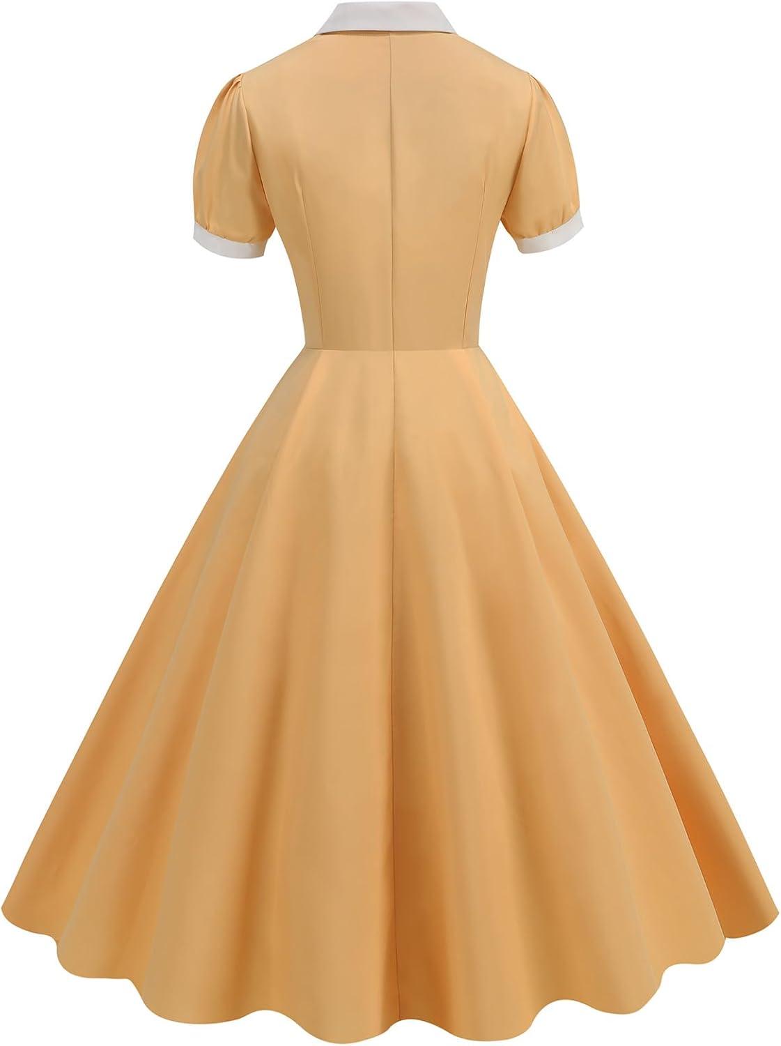 imageIDOPIP Women 1950s Vintage Swing Dress Puff Sleeve Cocktail Party Dress Formal Rockabilly Evening Elegant Retro Midi DressYellow